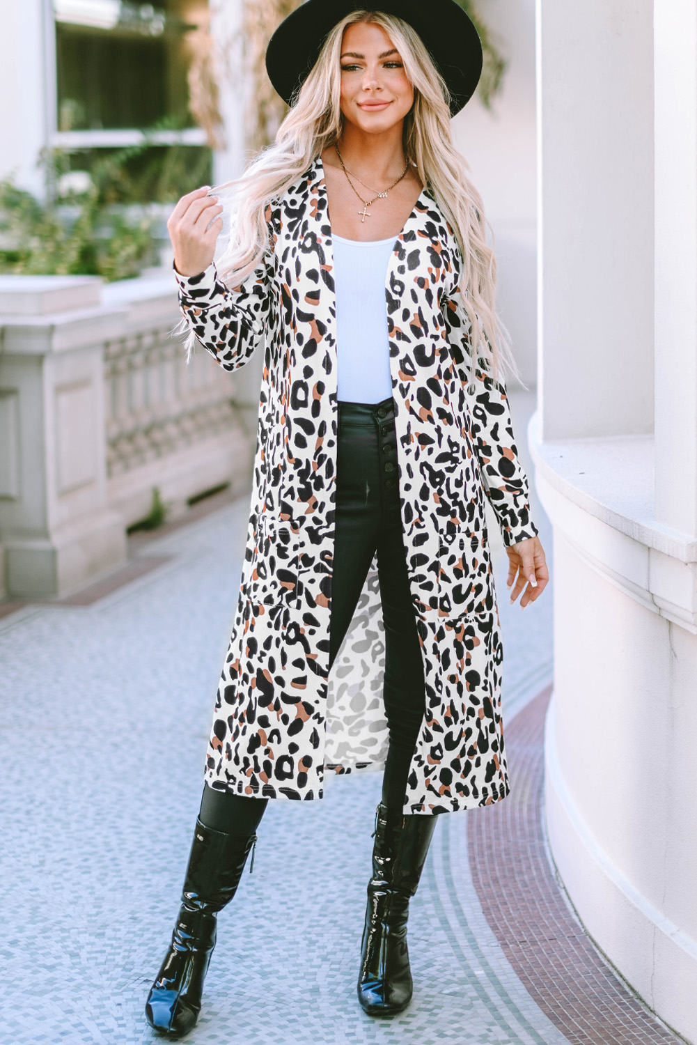 Leopard Pocketed Open Front Duster Cardigan - loveforevers