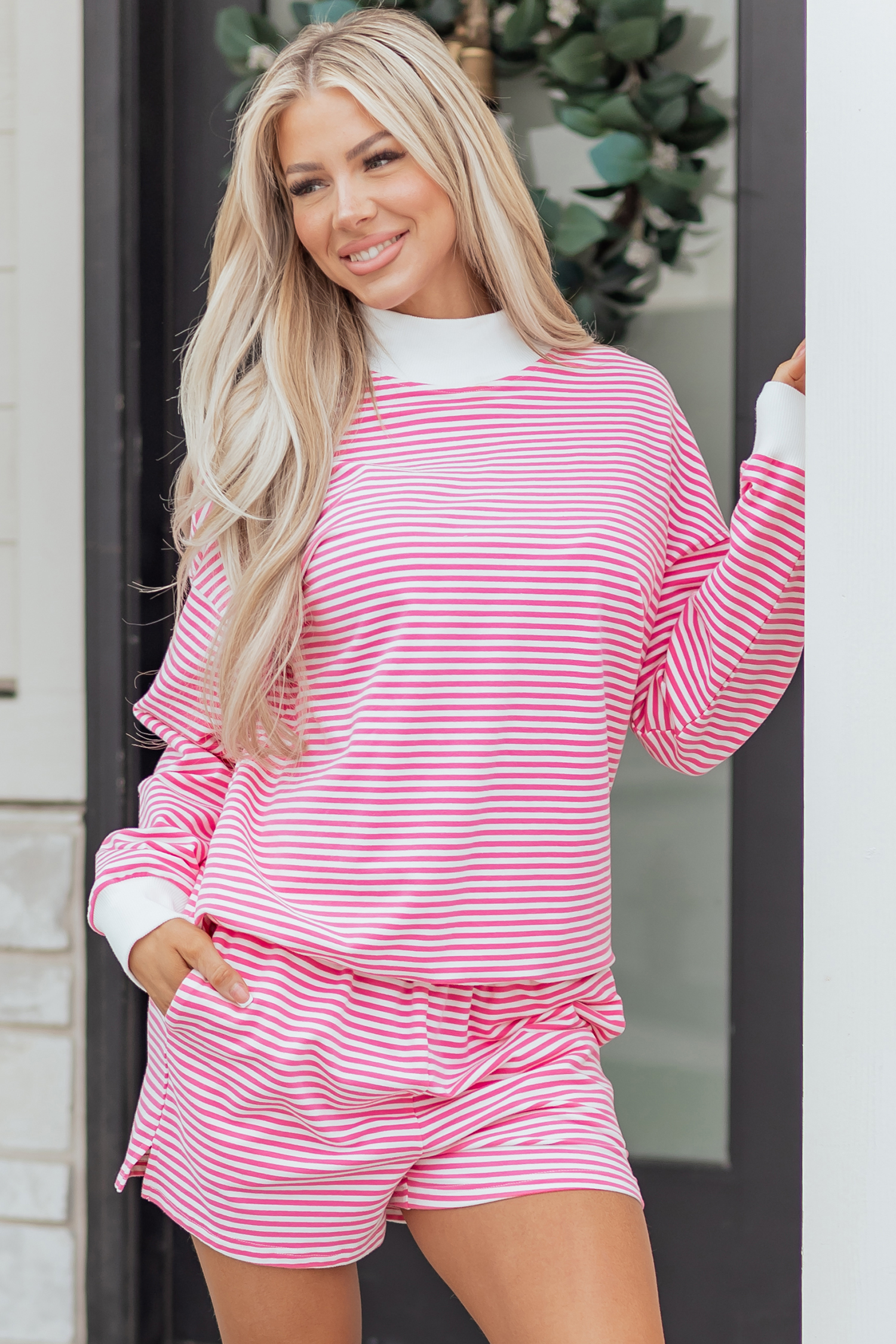 Pink Stripe Oversize Mock Neck Sweatshirt and Shorts Set - loveforevers