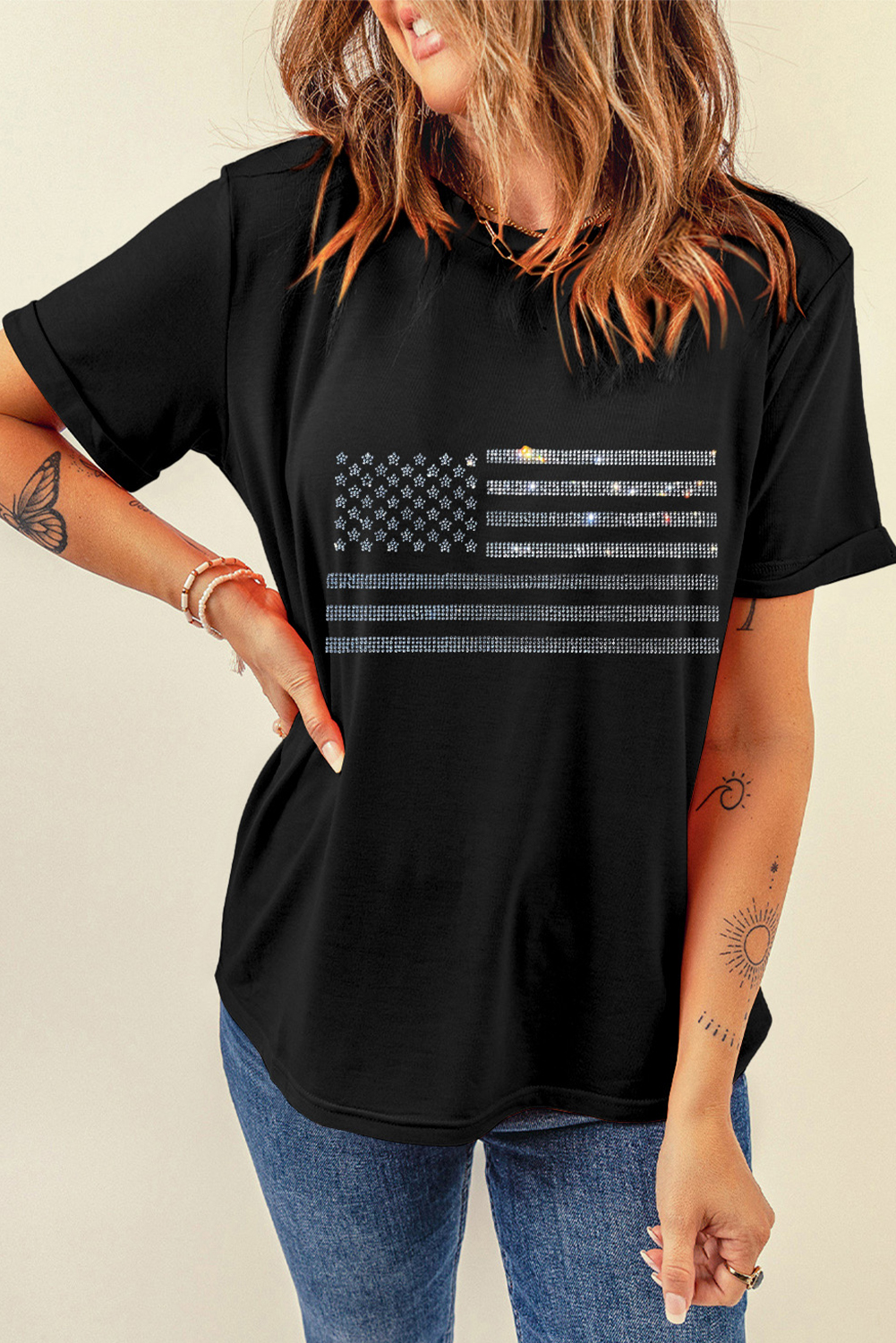 Black Glittering Rhinestone American Flag Pattern T Shirt - loveforevers