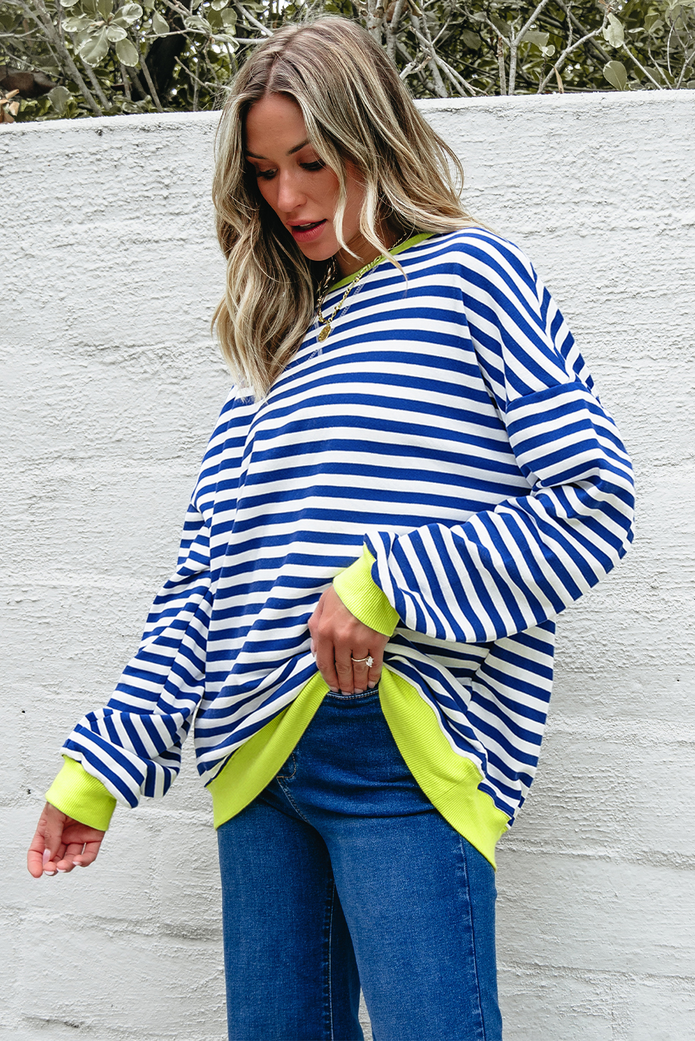 Red Stripe Contrast Ribbed Trim Crossed Stitch Drop Shoulder Sweatshirt - loveforevers