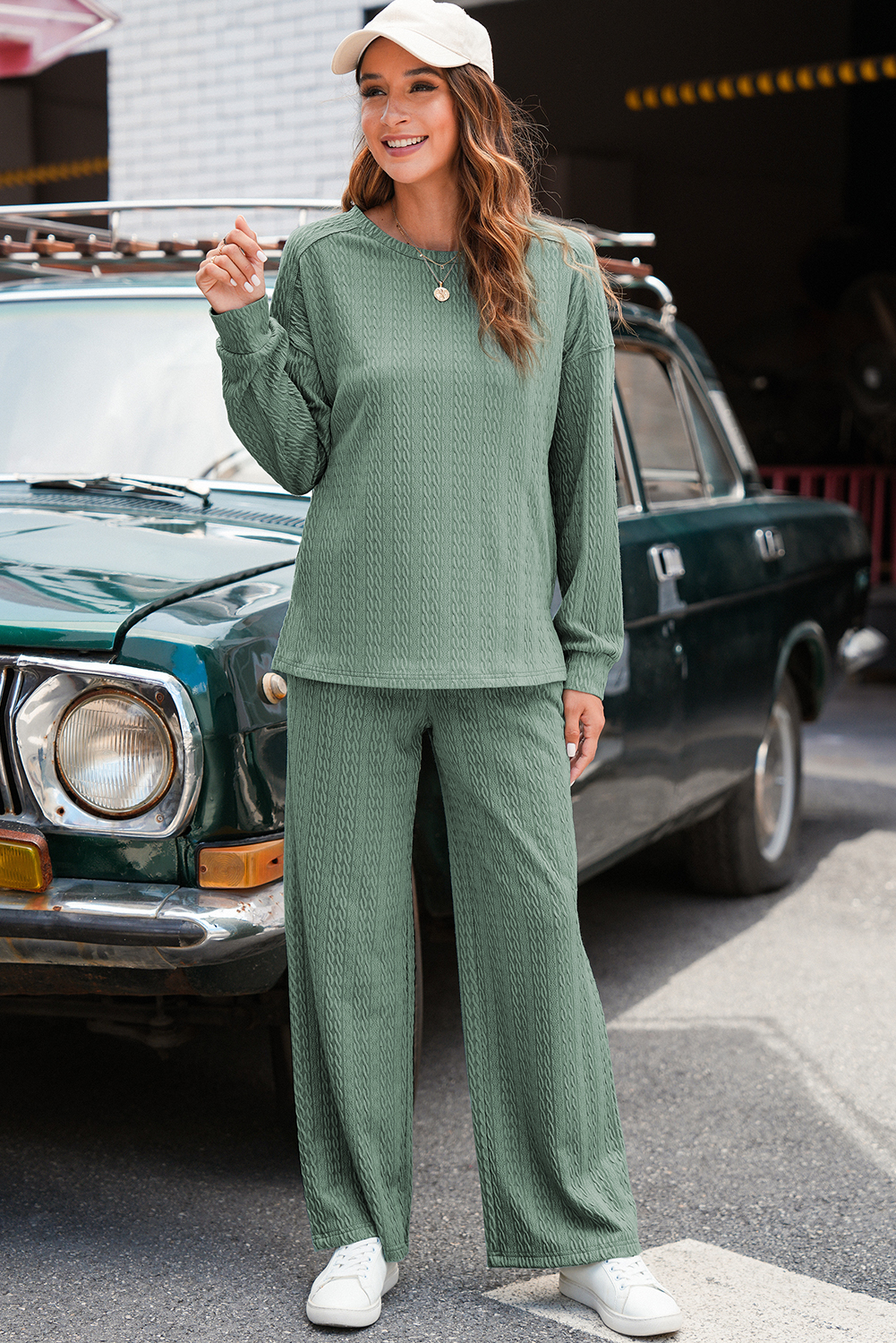 Smoke Green Textured Round Neck Sweatshirt & Loose Drawstring High Waist Pant Set - loveforevers