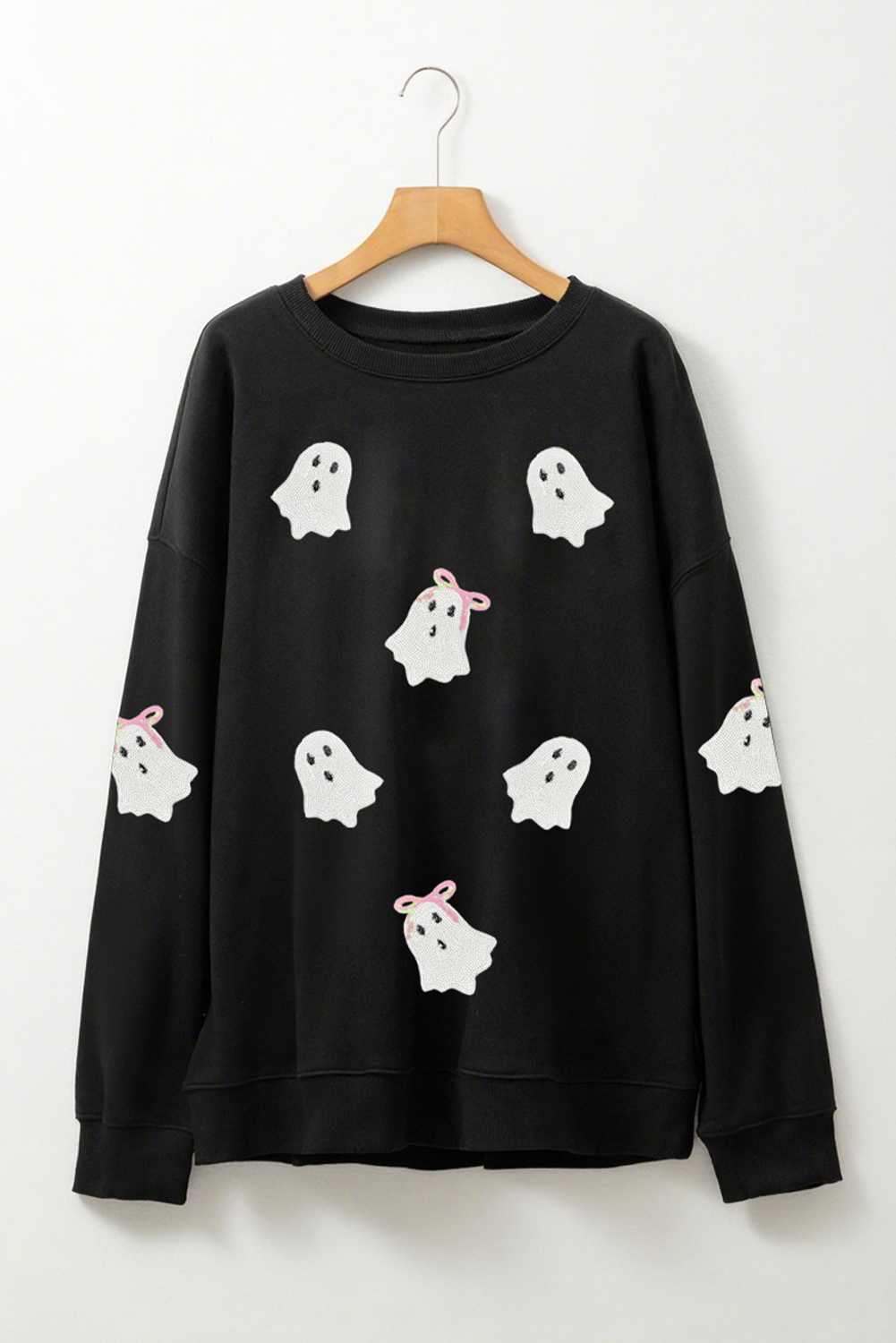 Wisteria Glitter Trim Chenille Ghost Patched Halloween Graphic Tee - loveforevers