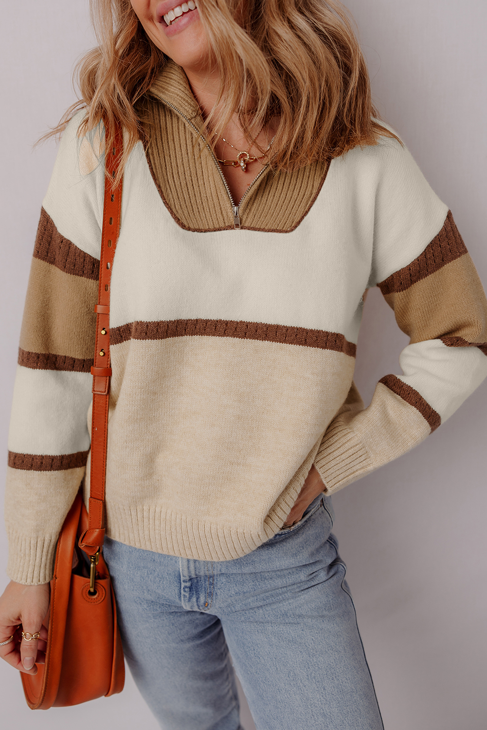 Parchment Colorblock Zipped Collared Pullover Sweater - loveforevers