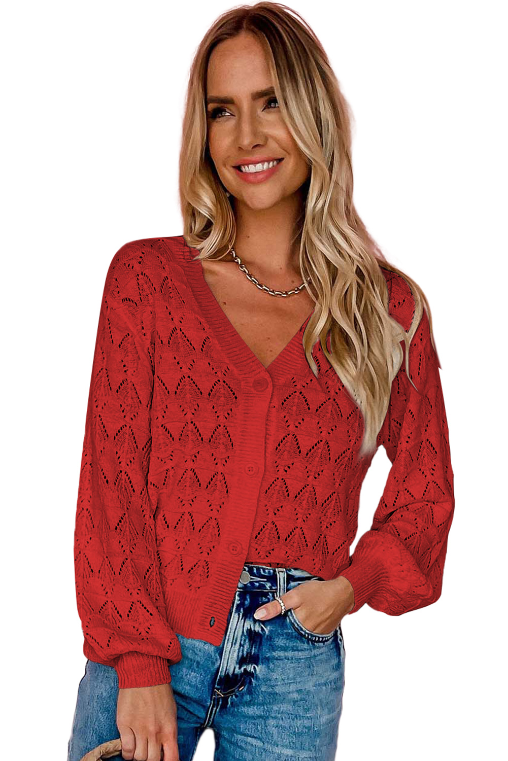 Fiery Red Lightweight Buttoned Front Crochet Cardigan - loveforevers