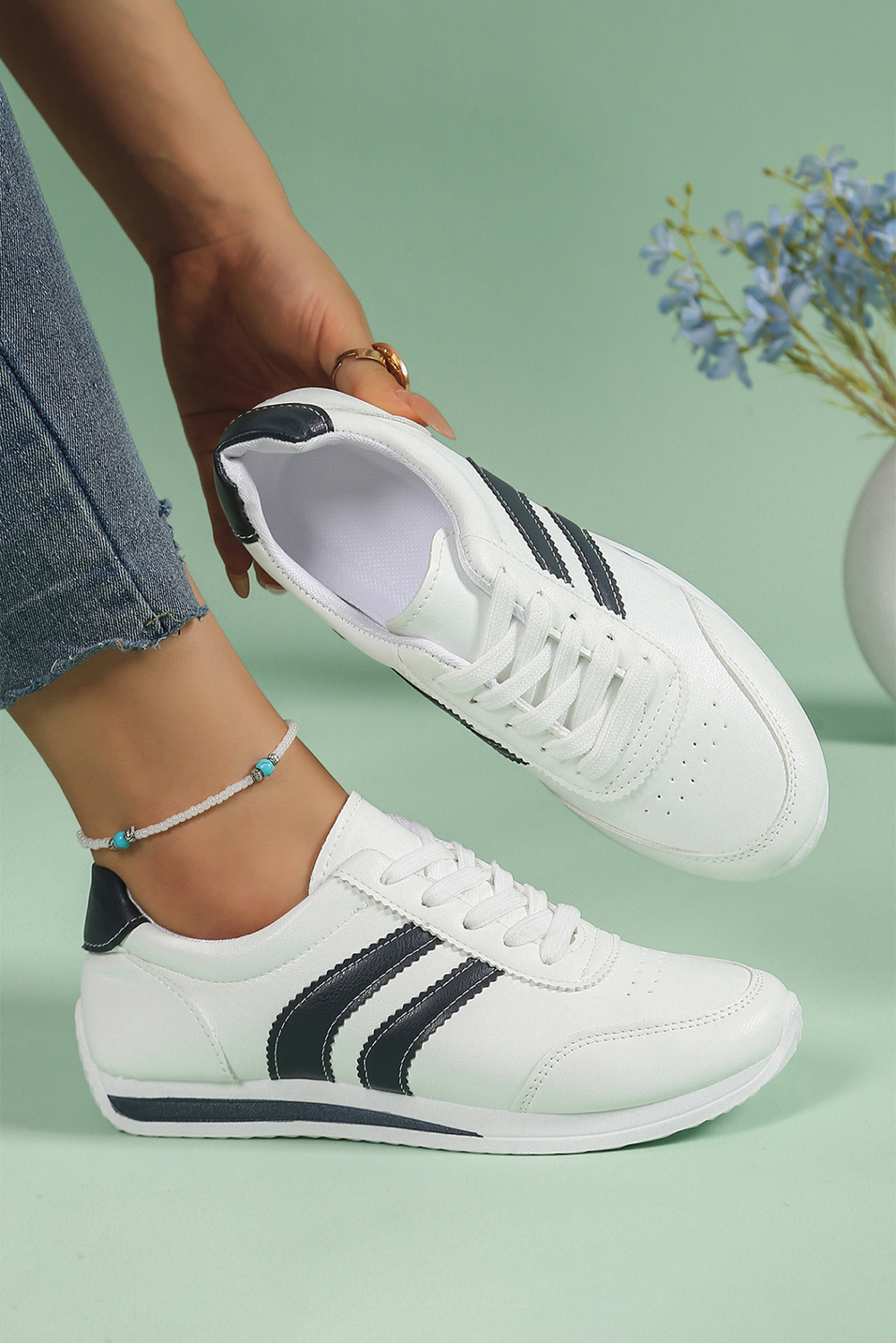 White PU Leather 2-tone Contrast Patchwork Lace-up Flat Shoes - loveforevers