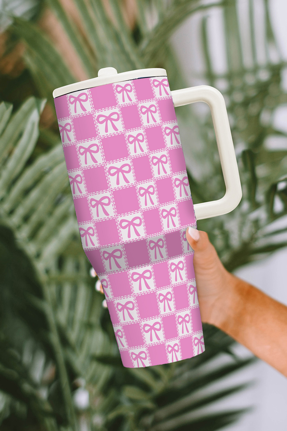 Bonbon Bow Knot Checkered Print Handle Large Tumbler 40OZ - loveforevers