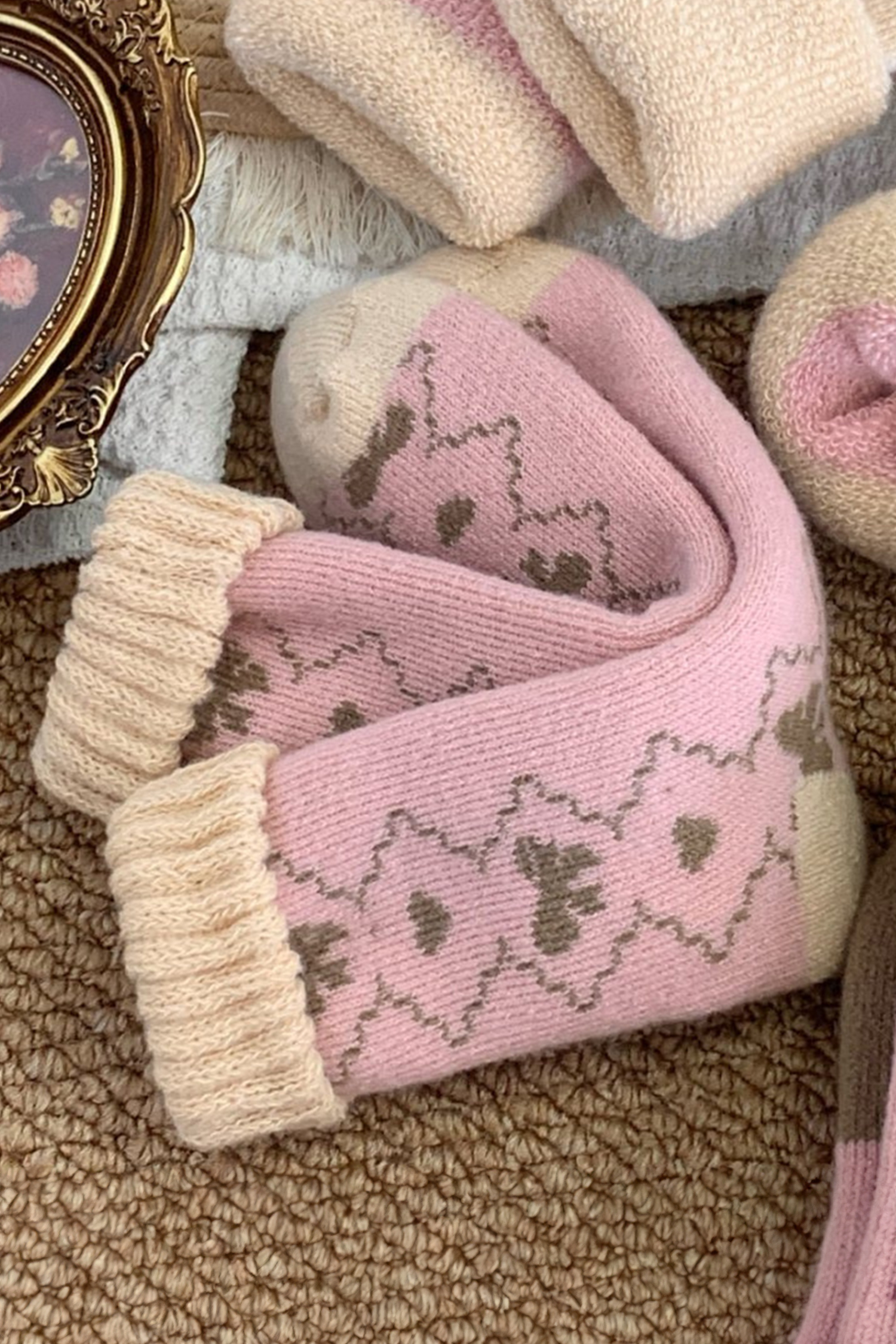 Pink Geometric Bow Heart Printed Ribbed Cuffs Winter Socks - loveforevers