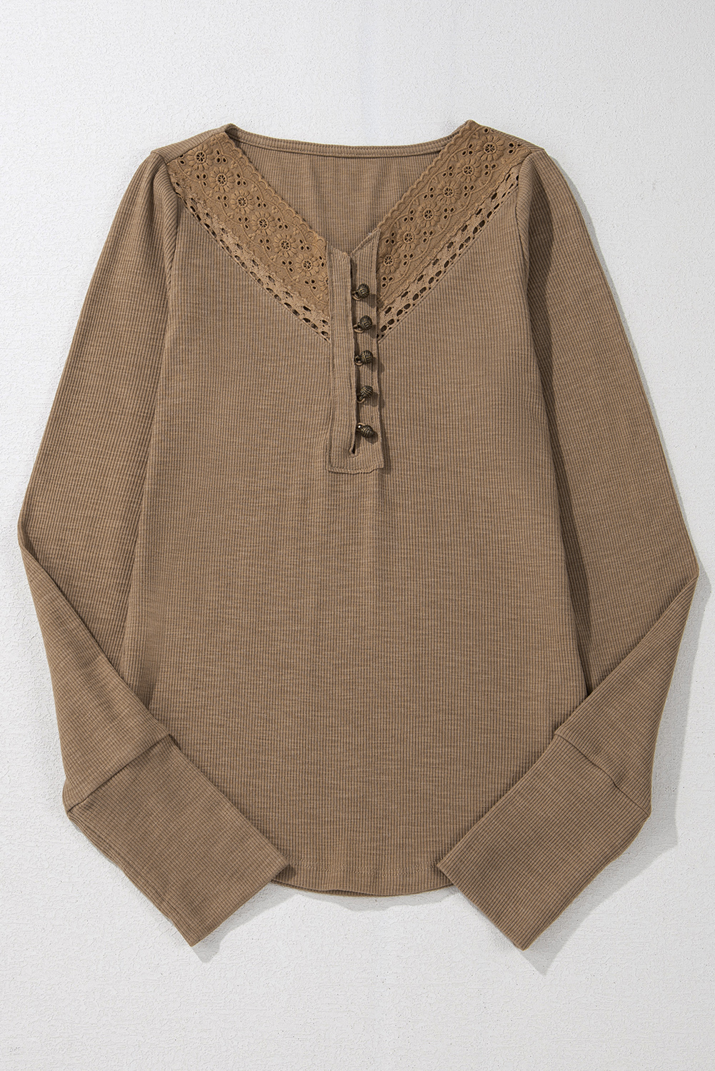Chestnut Anglaise Broider Ribbed Long Sleeve Top - loveforevers
