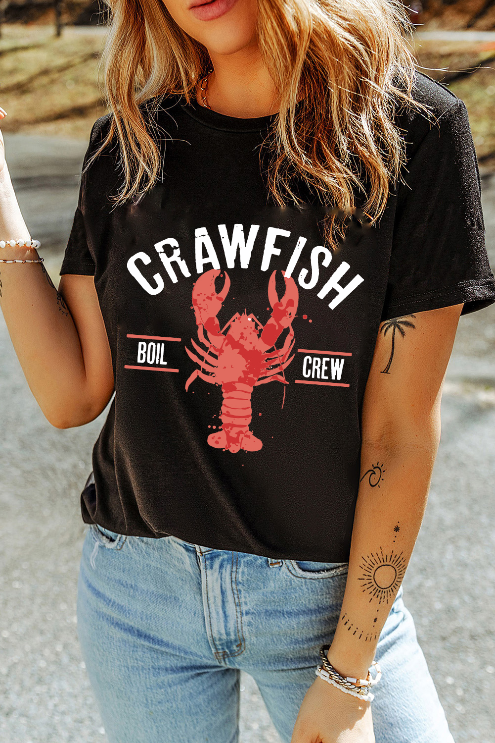 Black CRAWFISH BOIL CREW Distressed Letter Graphic T Shirt - loveforevers