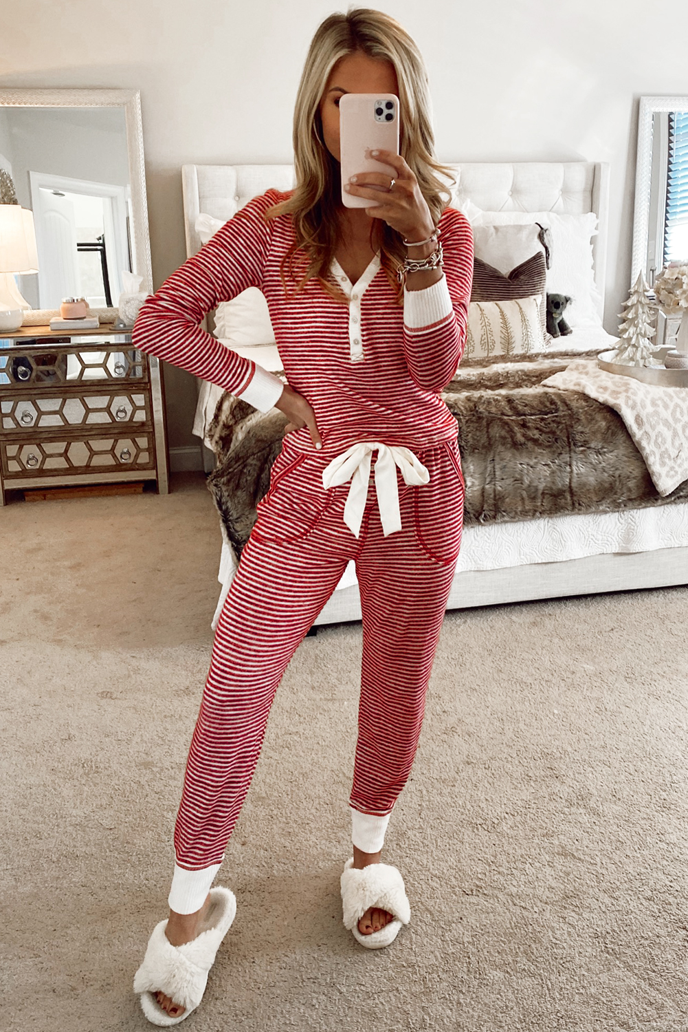 Red Stripe Buttoned V Neck Top and Knotted Waist Pants Lounge Set - loveforevers