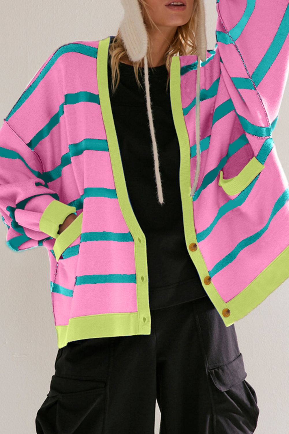 Pink Stripe Colorblock Drop Shoulder Buttoned Loose Cardigan - loveforevers