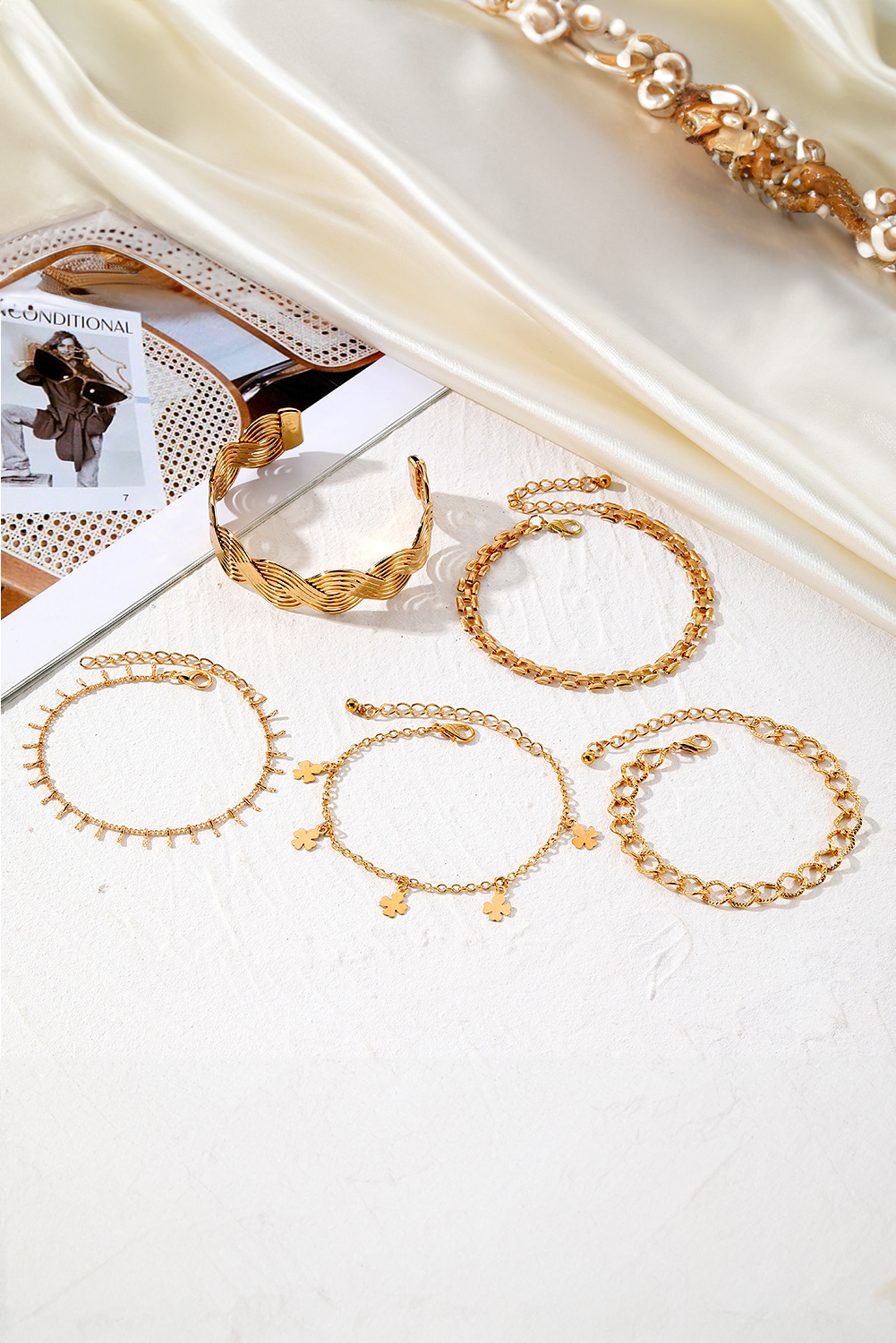 Gold Clover Charm Multi Layered Plated Adjustable Bracelet Set - loveforevers