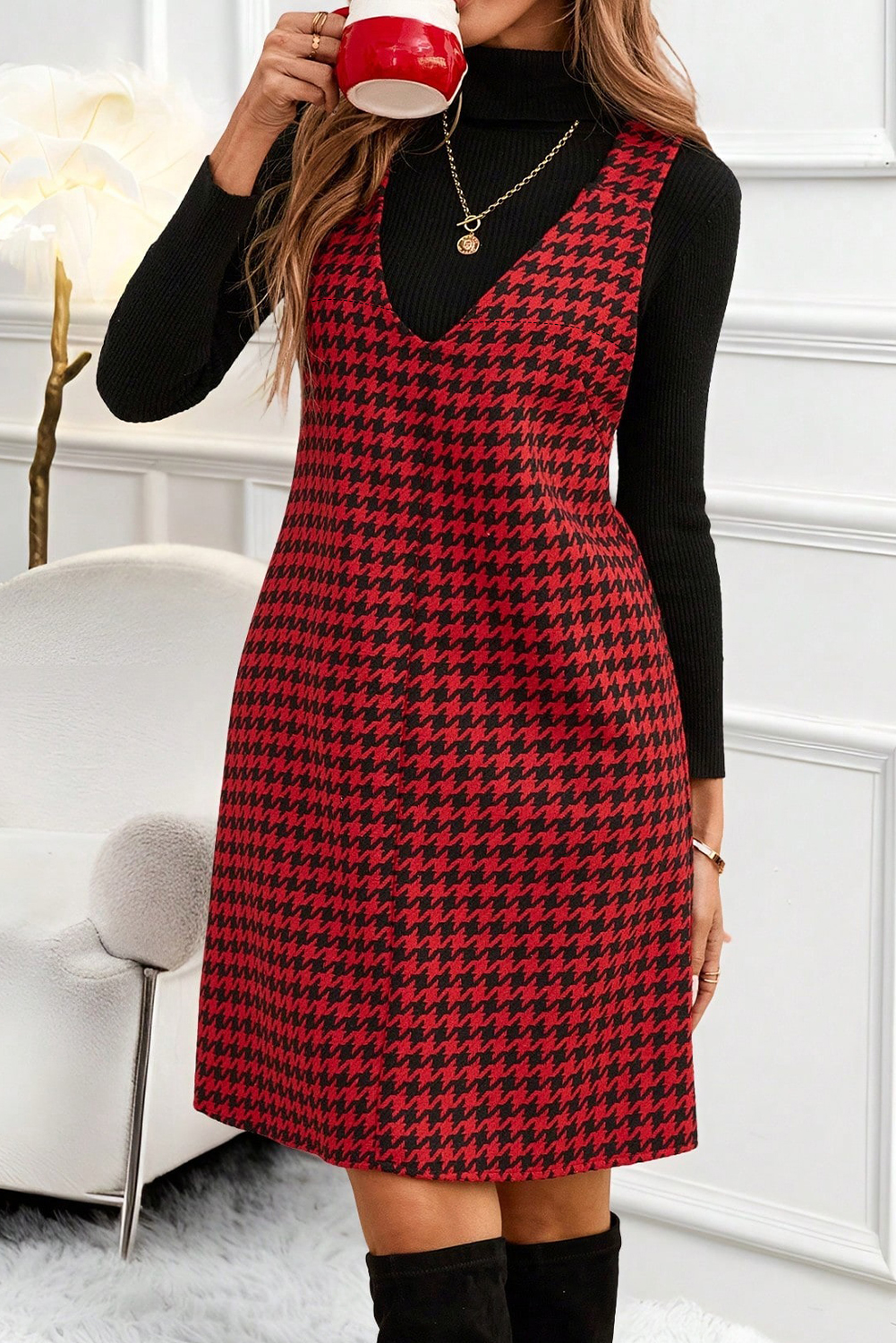 Khaki Houndstooth Print V Neck Sleeveless Mini Dress - loveforevers
