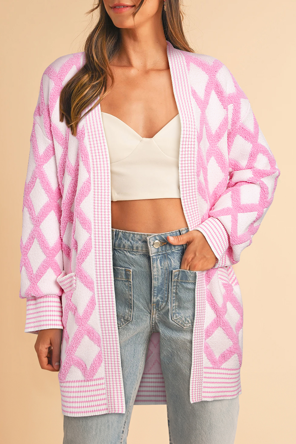 Pink Rhombus Pattern Knit Open Front Pocketed Cardigans - loveforevers