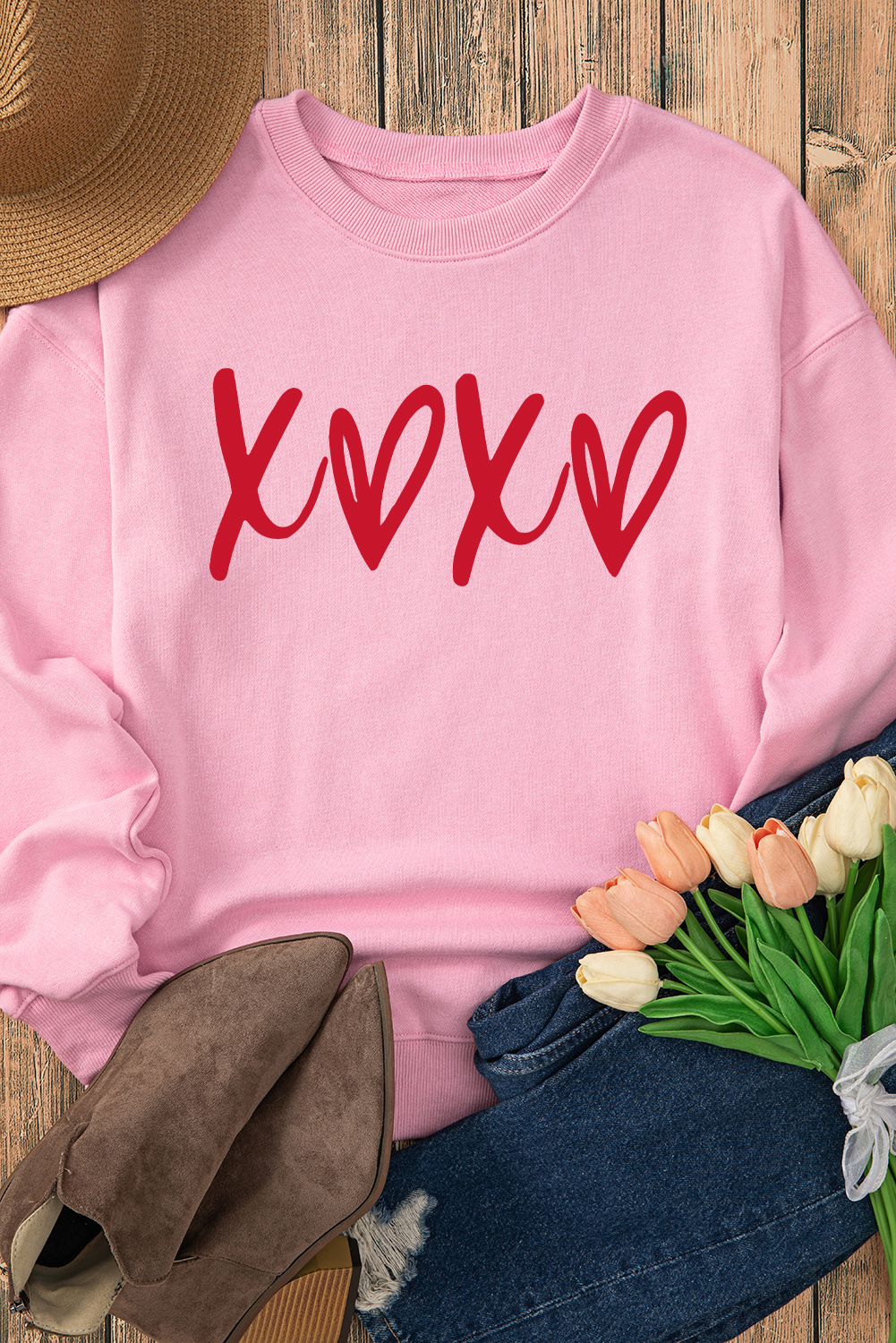 Pink Heart XOXO Graphic Crewneck Drop Shoulder Valentines Sweatshirt - loveforevers