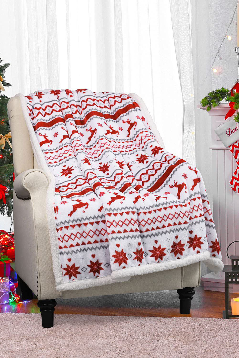 White Christmas Reindeer Snowflake Printed Sherpa Blanket - loveforevers