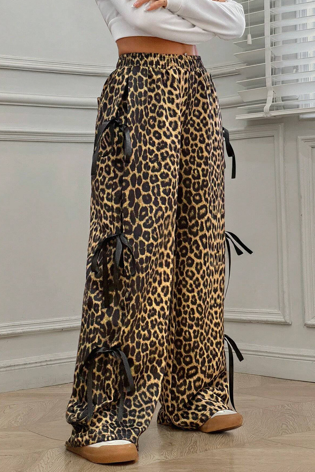 Brown Leopard Print Bow Tie Elastic Waistband Loose High Waist Pants - loveforevers
