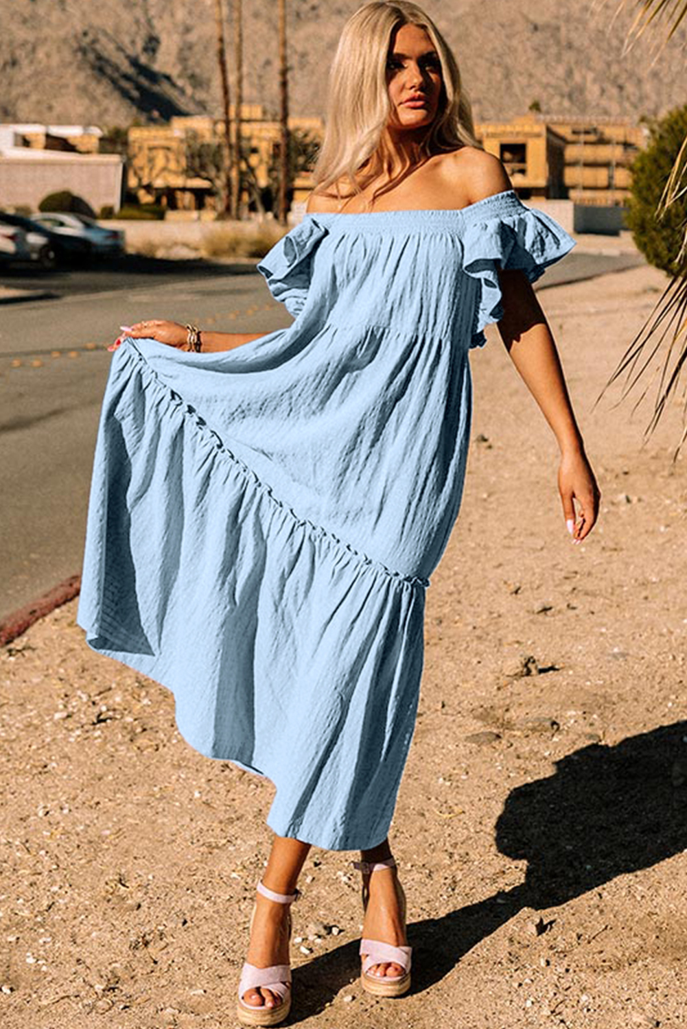 Sky Blue Ruffled Flutter Sleeve Square Neck Textured Tiered Maxi Dress - loveforevers