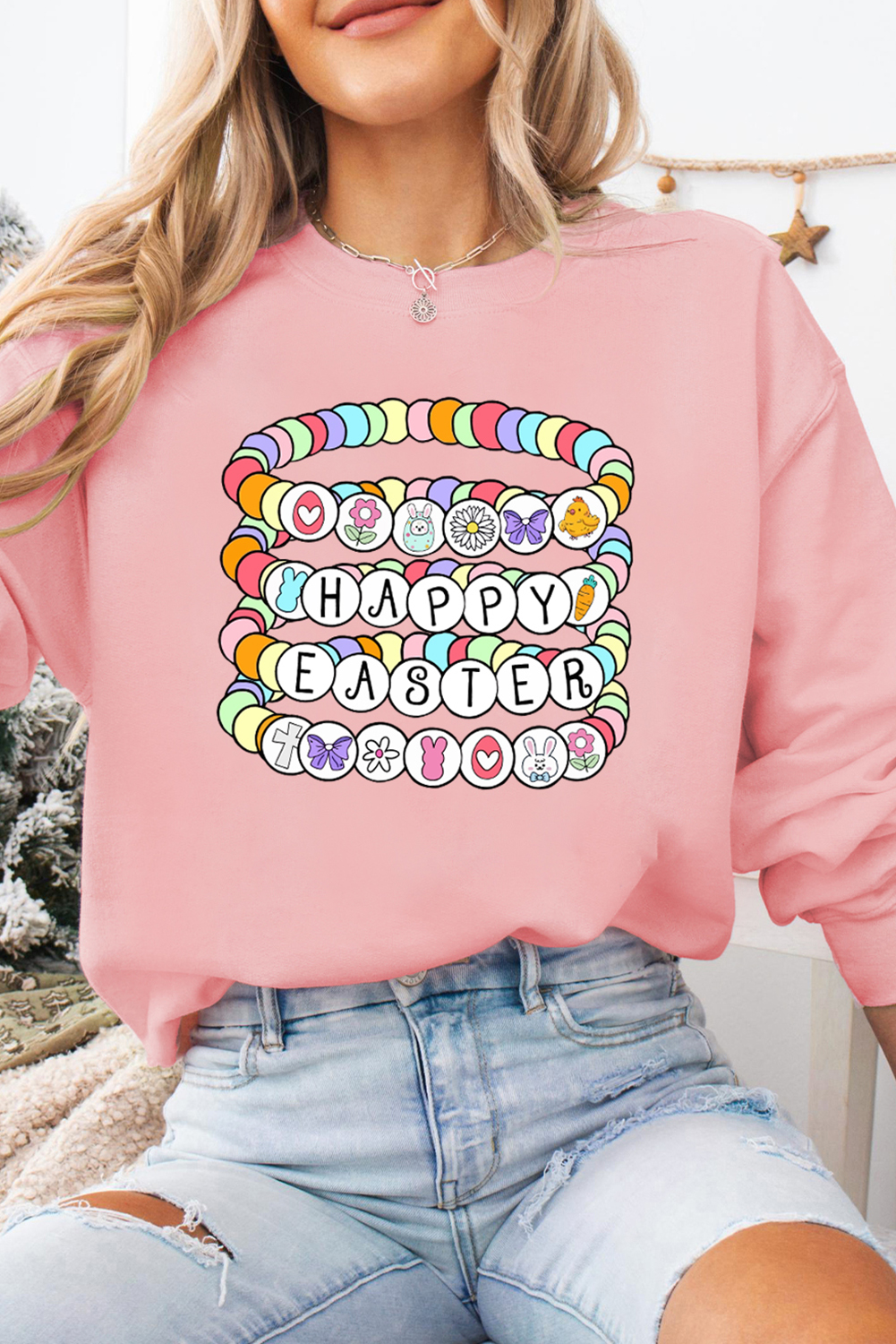 Pink Happy Easter Bracelet Print Drop Shoulder Sweatshirt - loveforevers