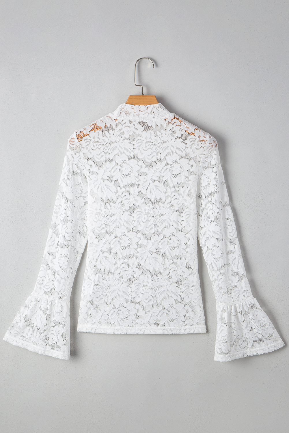 White Lace Crochet Bell Sleeve Mock Neck Blouse - loveforevers
