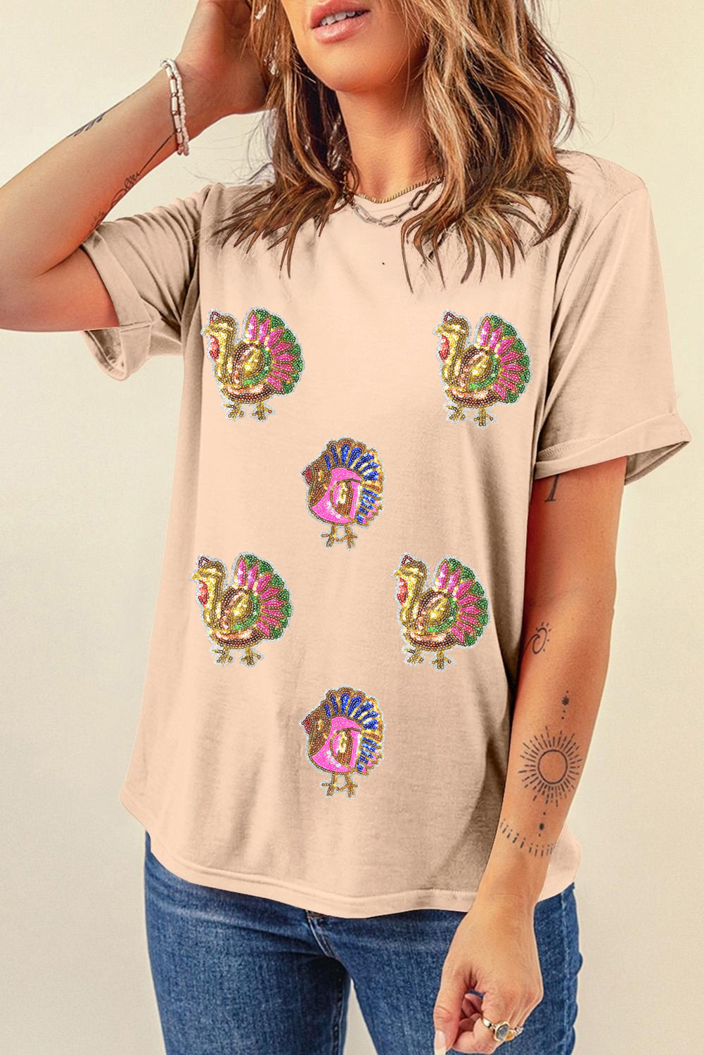 Khaki Sequin Turkey Patched Thanksgiving Graphic Tee - loveforevers