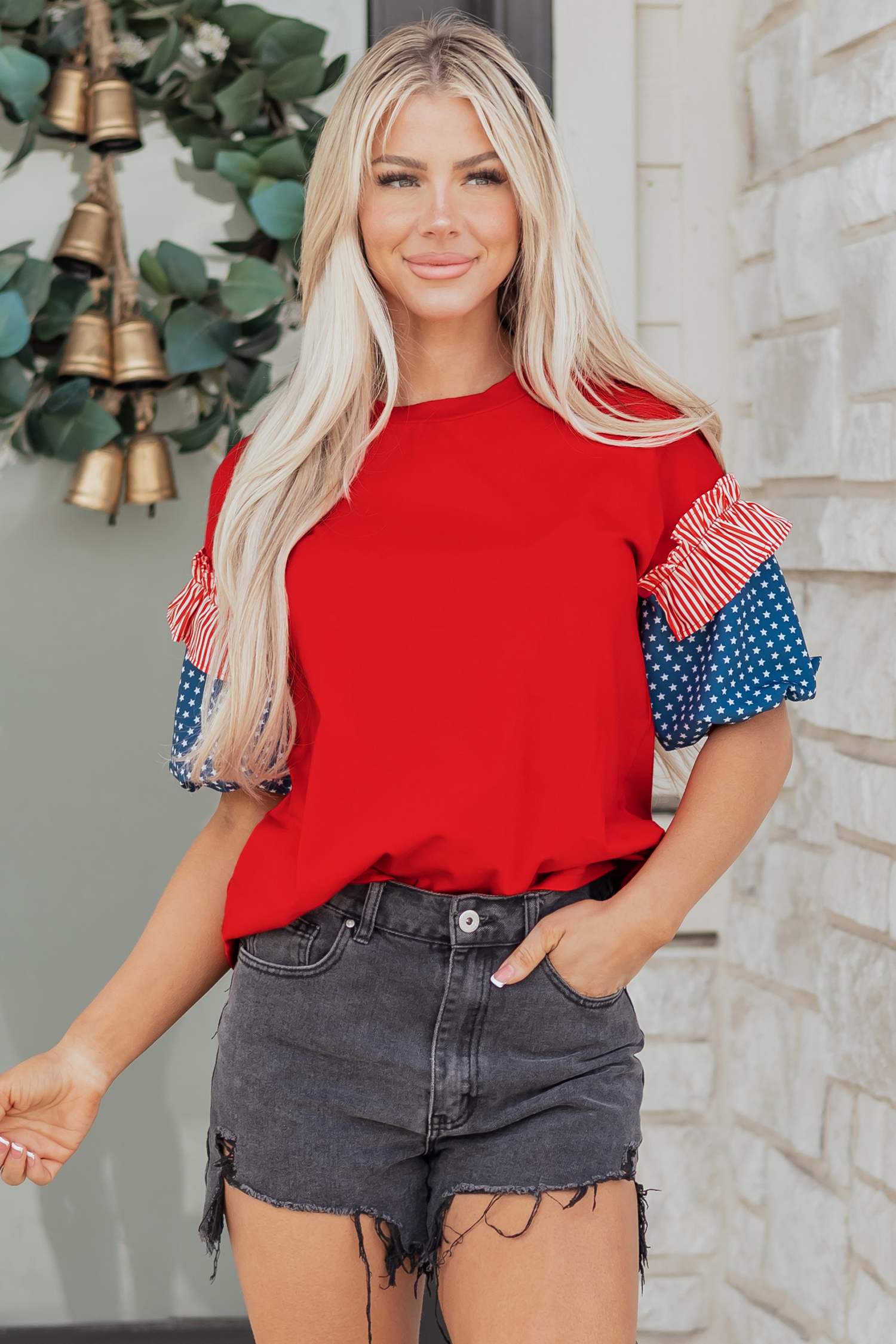 Fiery Red Stars Stripes Short Puff Sleeve Top - loveforevers