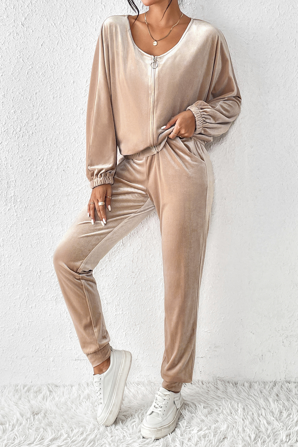 Parchment Velvet Zipped Top and Joggers Two Piece Set - loveforevers