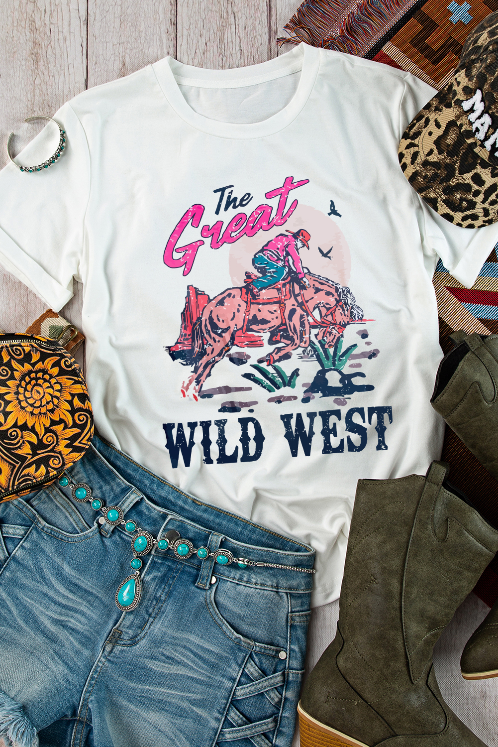 White The Great WILD WEST Rodeo Graphic Crew Neck T Shirt - loveforevers
