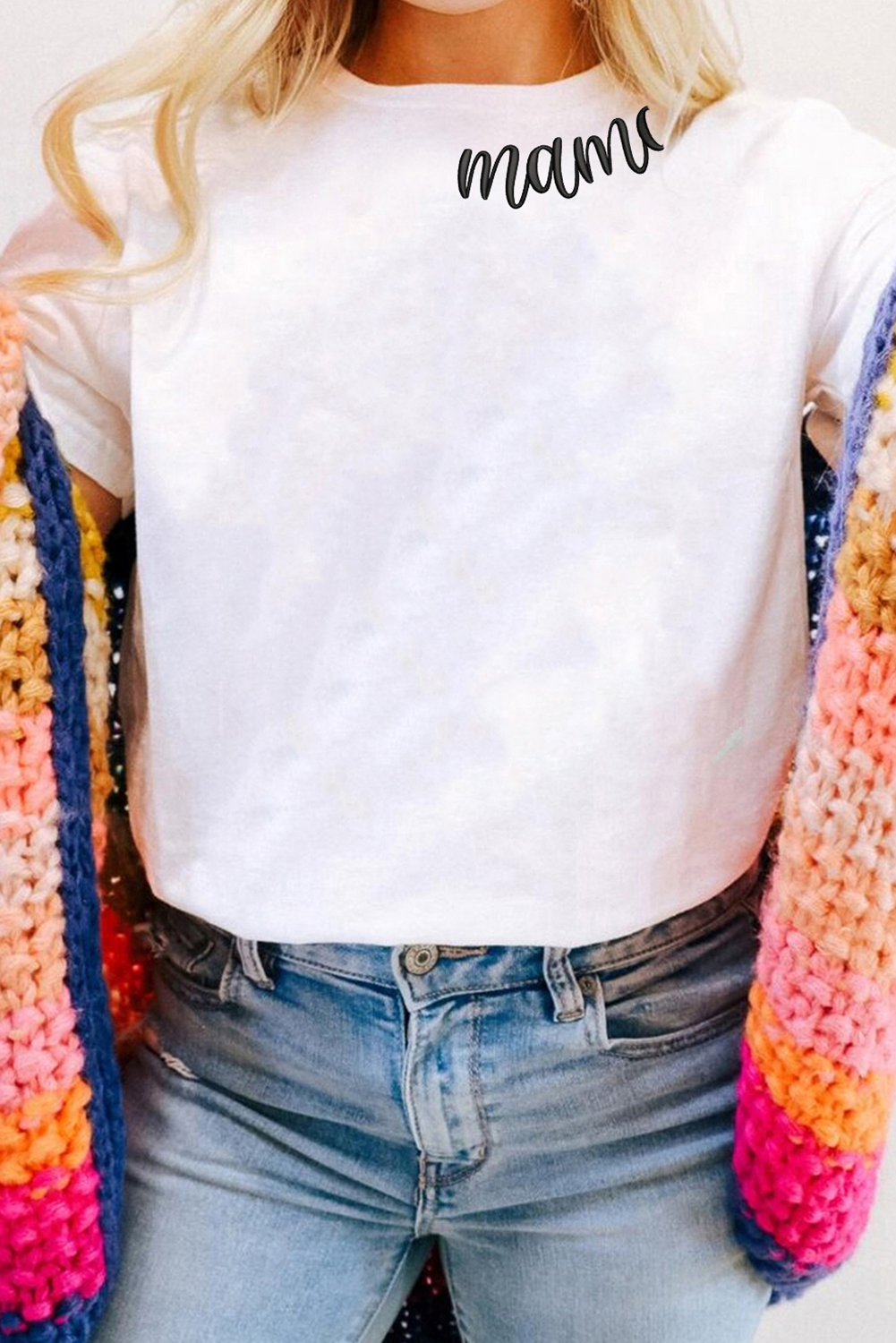 White mama Heart Embroidered Crew Neck T Shirt - loveforevers