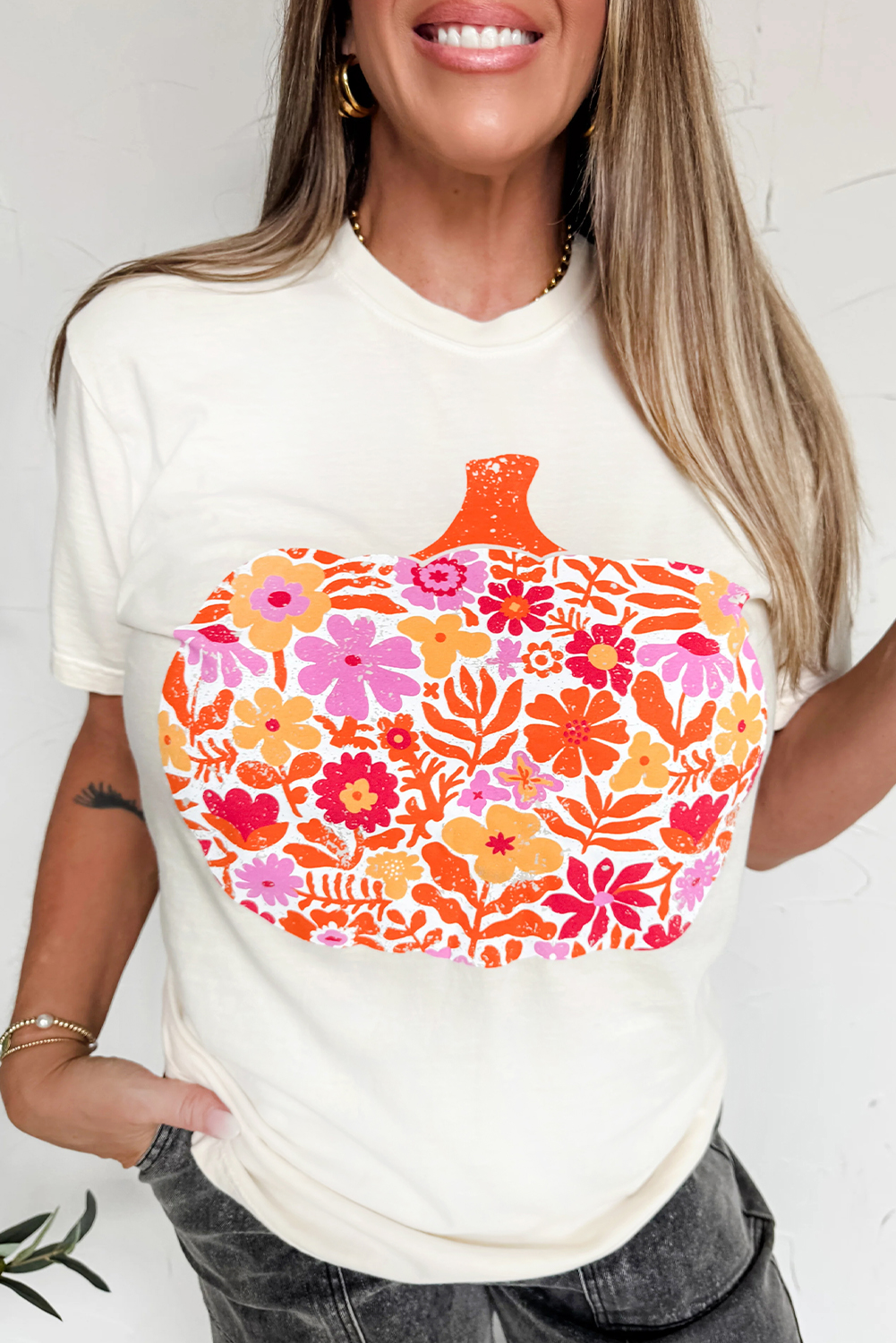 White Floral Pumpkin Cracking Print Thanksgiving Fashion T Shirt - loveforevers