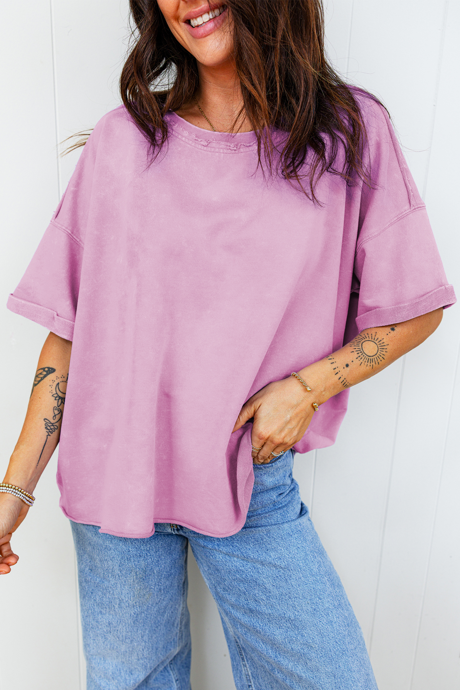 Lavendula Mineral Wash Drop Shoulder Raw Edge Loose Tee - loveforevers