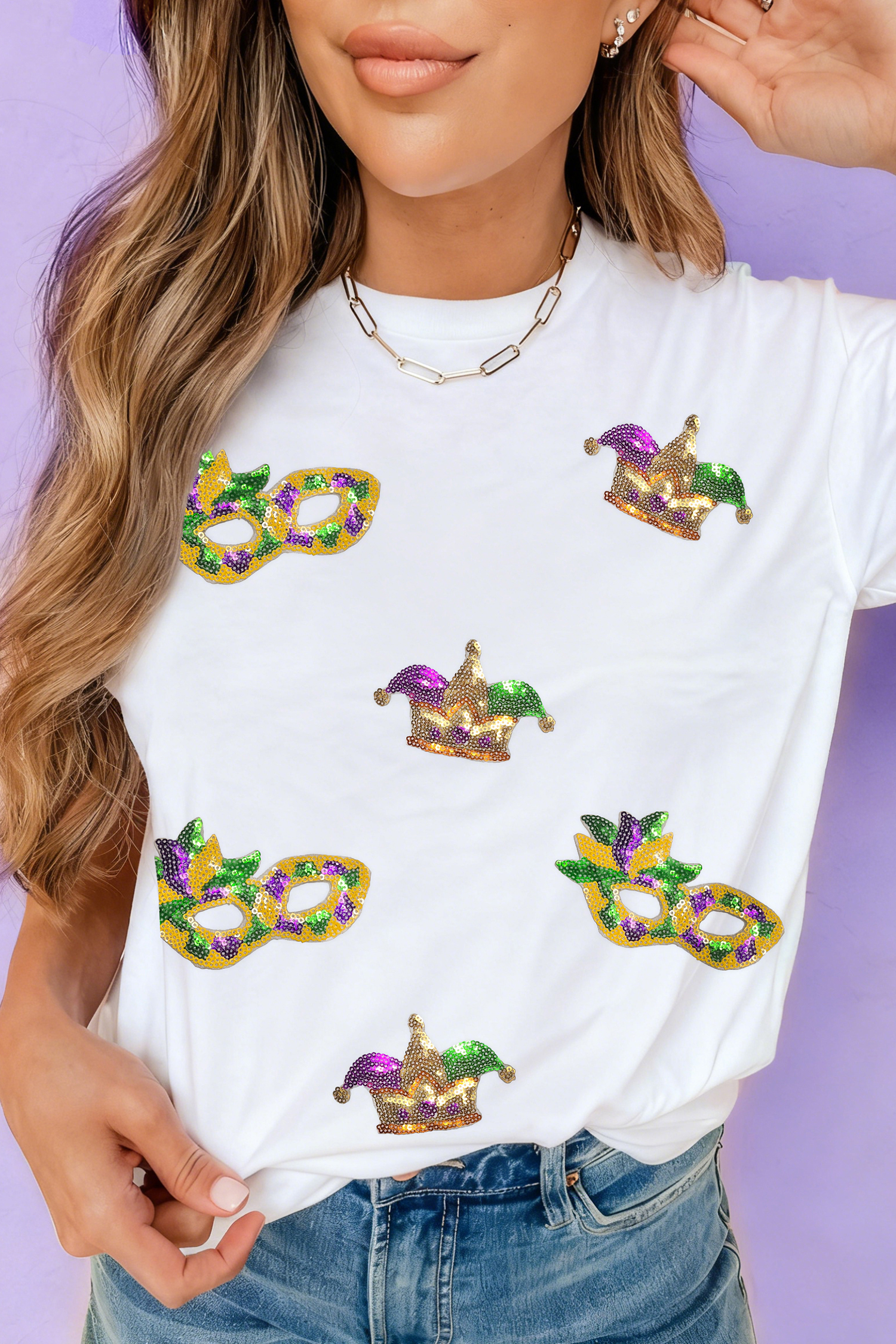 White Sequined Mardi Gras Accessories Patterned Festive T Shirt - loveforevers