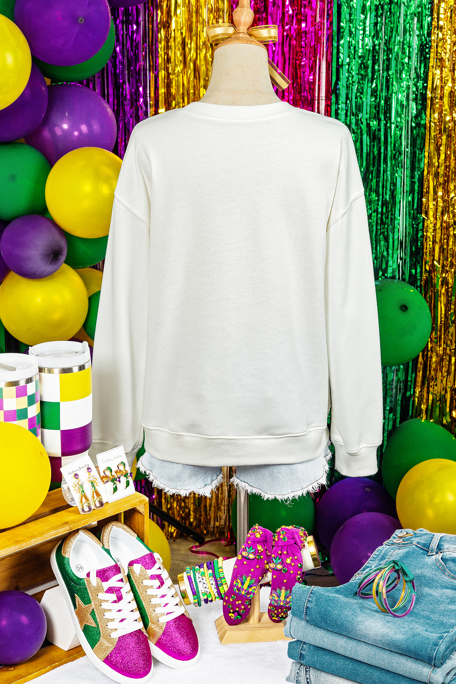 White mardi gras Fleur De Lis Embroidered Graphic Pullover Sweatshirt - loveforevers