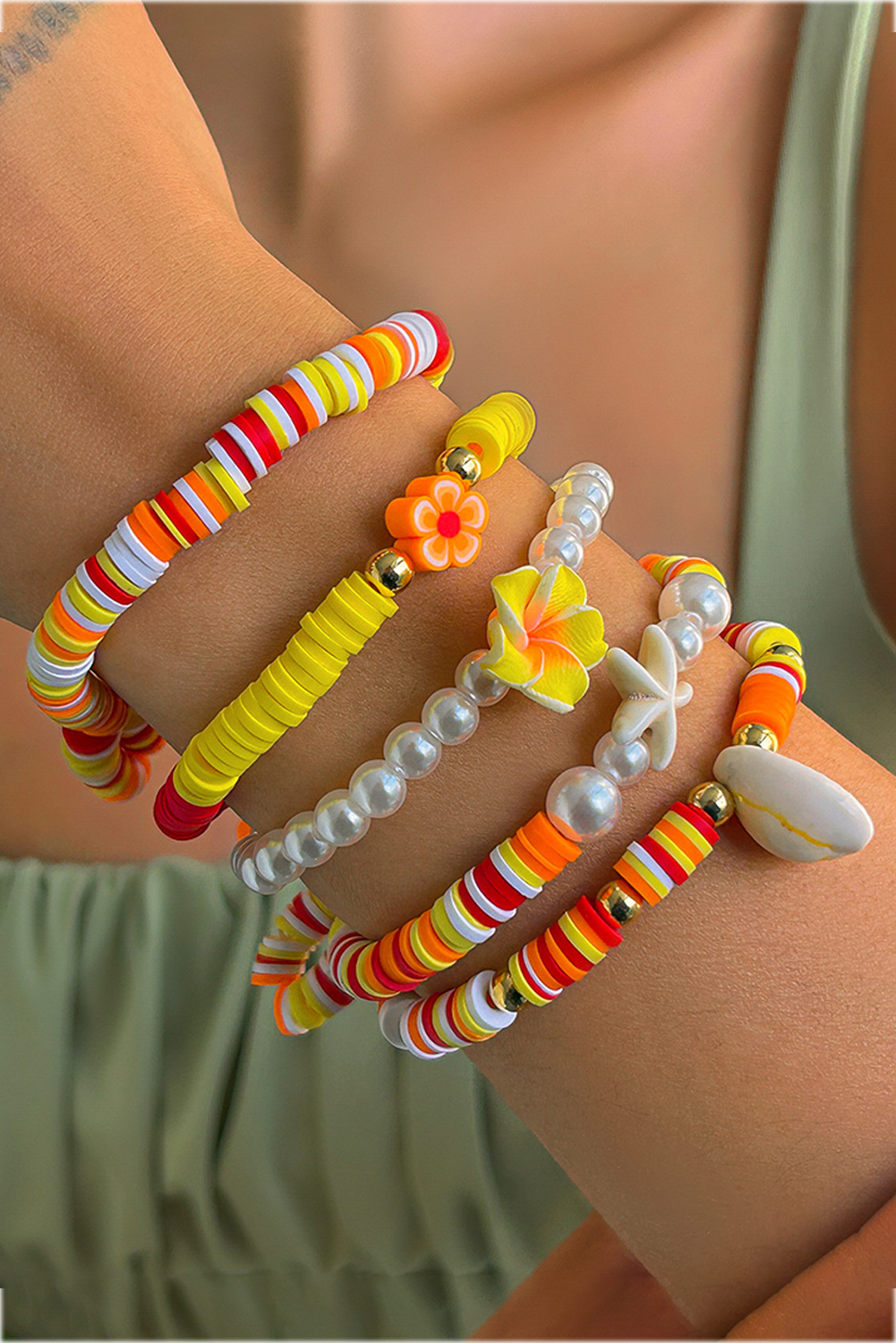 Yellow Starfish Shell Flower Pearl Beaded Multi Layer Bracelet - loveforevers