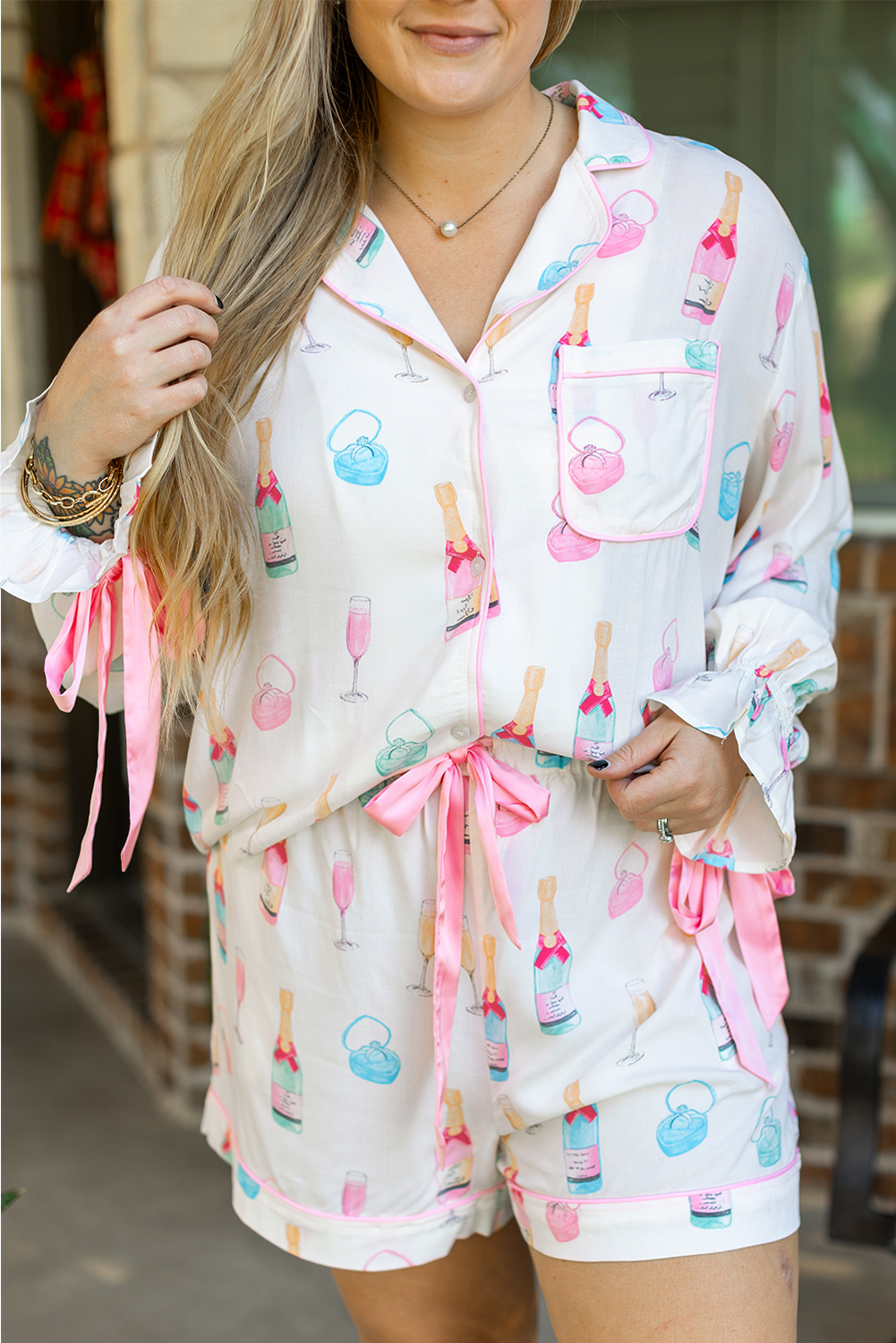 White Christmas Wine Glass Print Bow Knot Two Piece Pajama Set - loveforevers