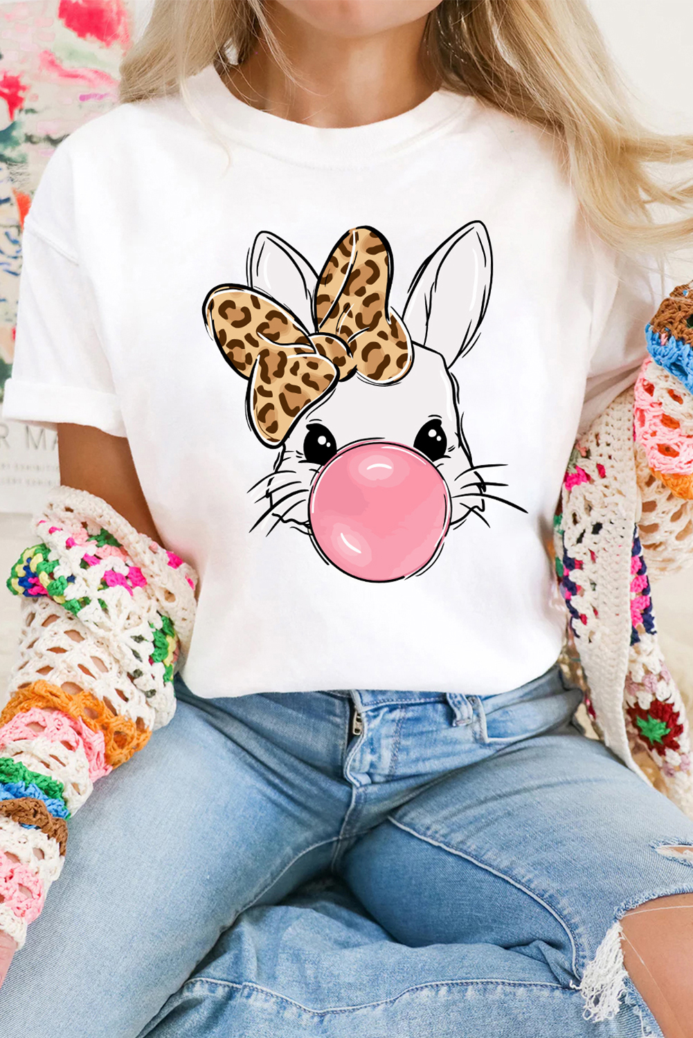 White Leopard Bow Bubble Rabbit Graphic Tee - loveforevers