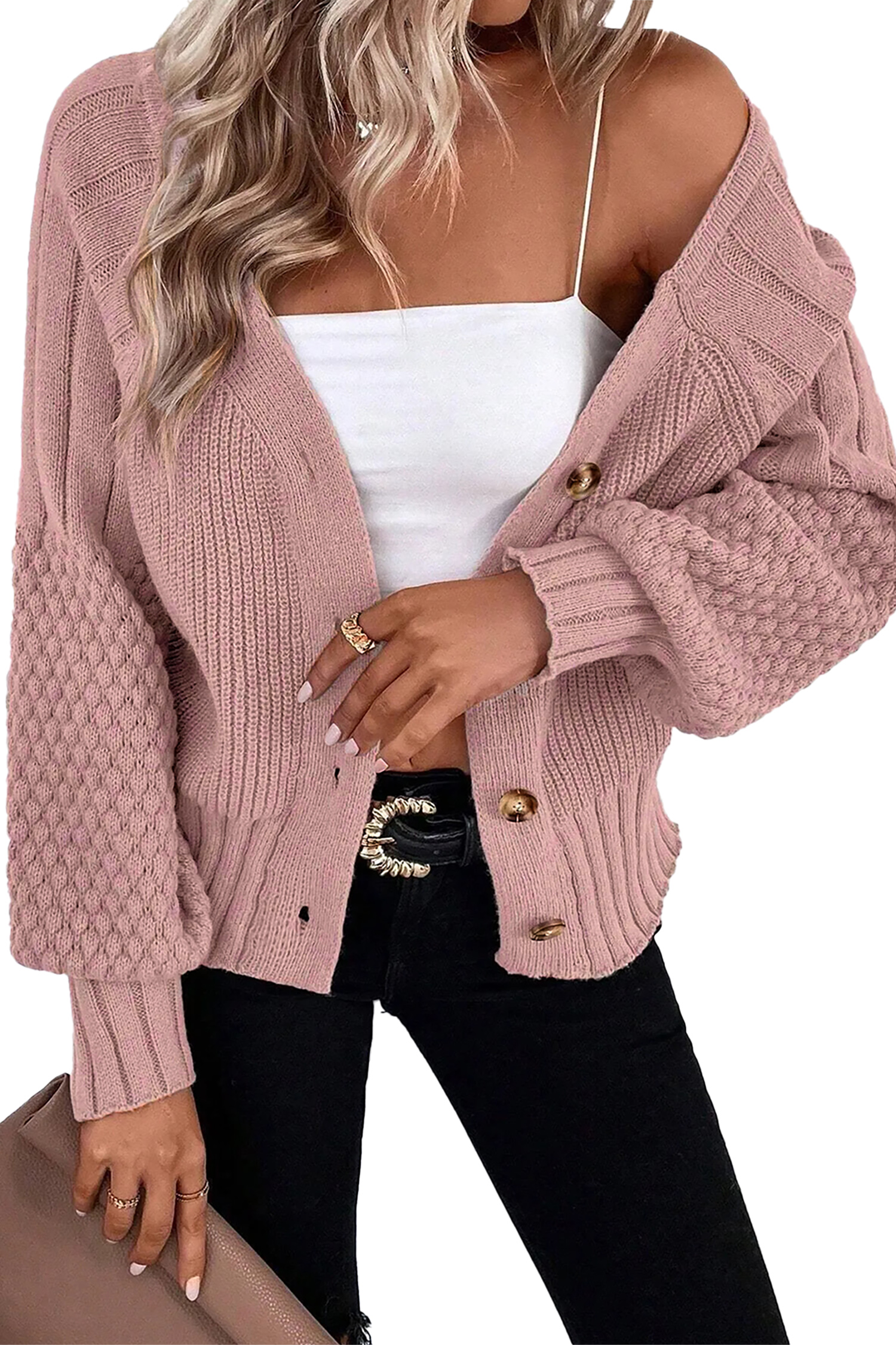 Light Pink Mixed Texture Knit Button V Neck Sweater Cardigan - loveforevers