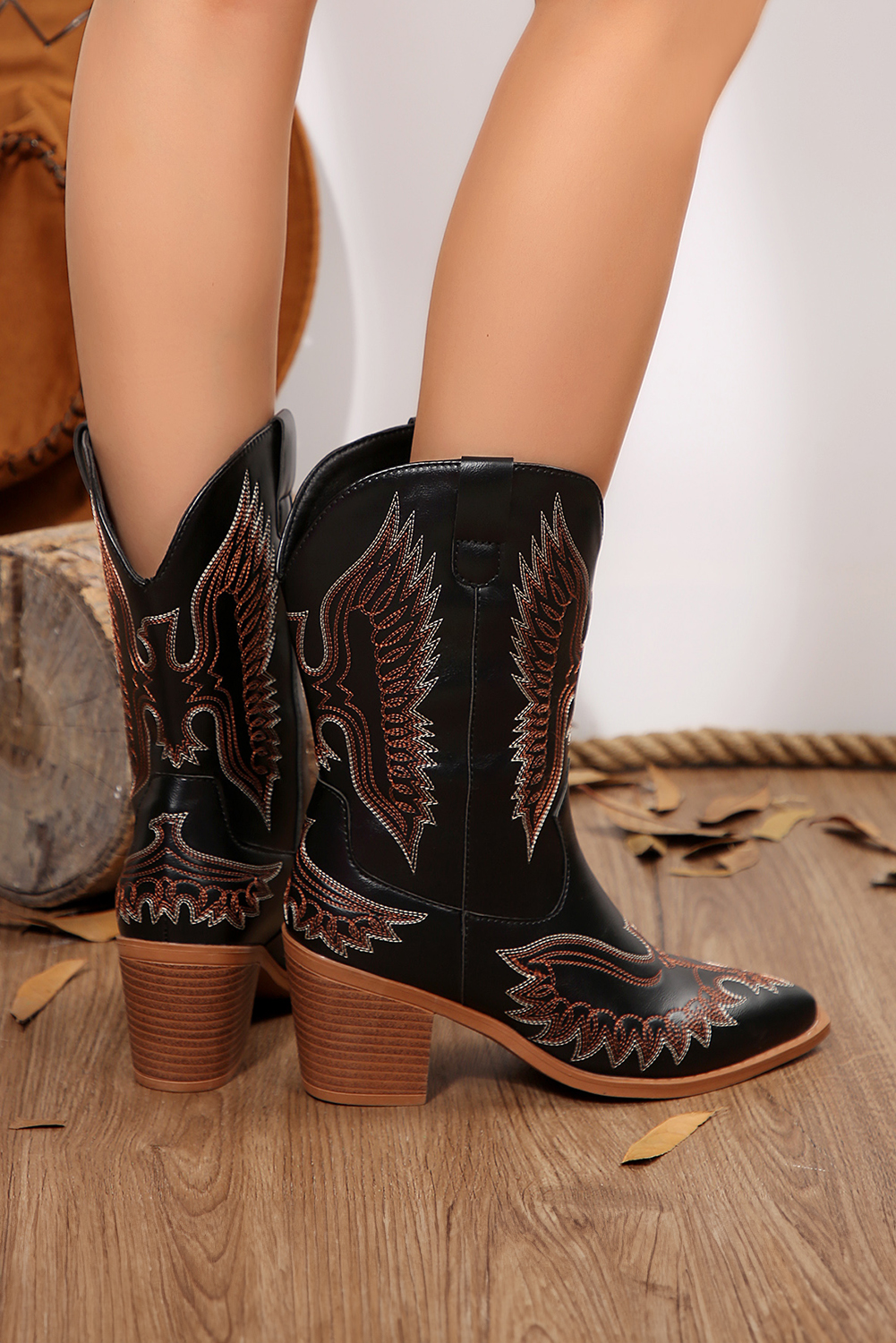 Black Western Eagle Embroidered Faux Leather Boots - loveforevers