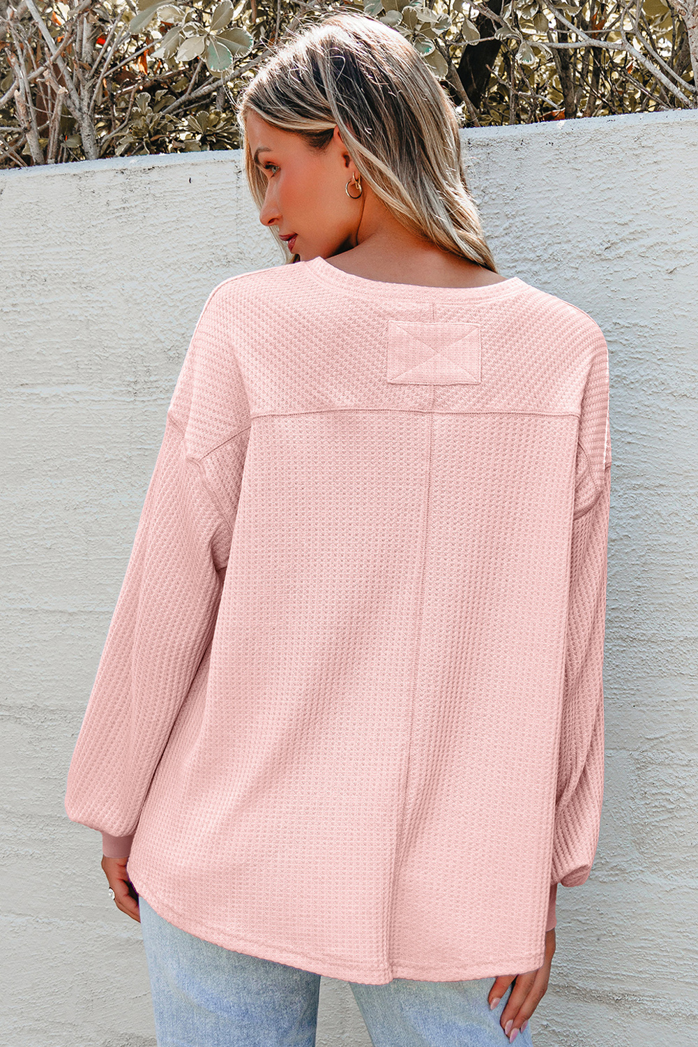 Light Pink Waffle V Neck Long Sleeve Drop Shoulder Loose Blouse - loveforevers