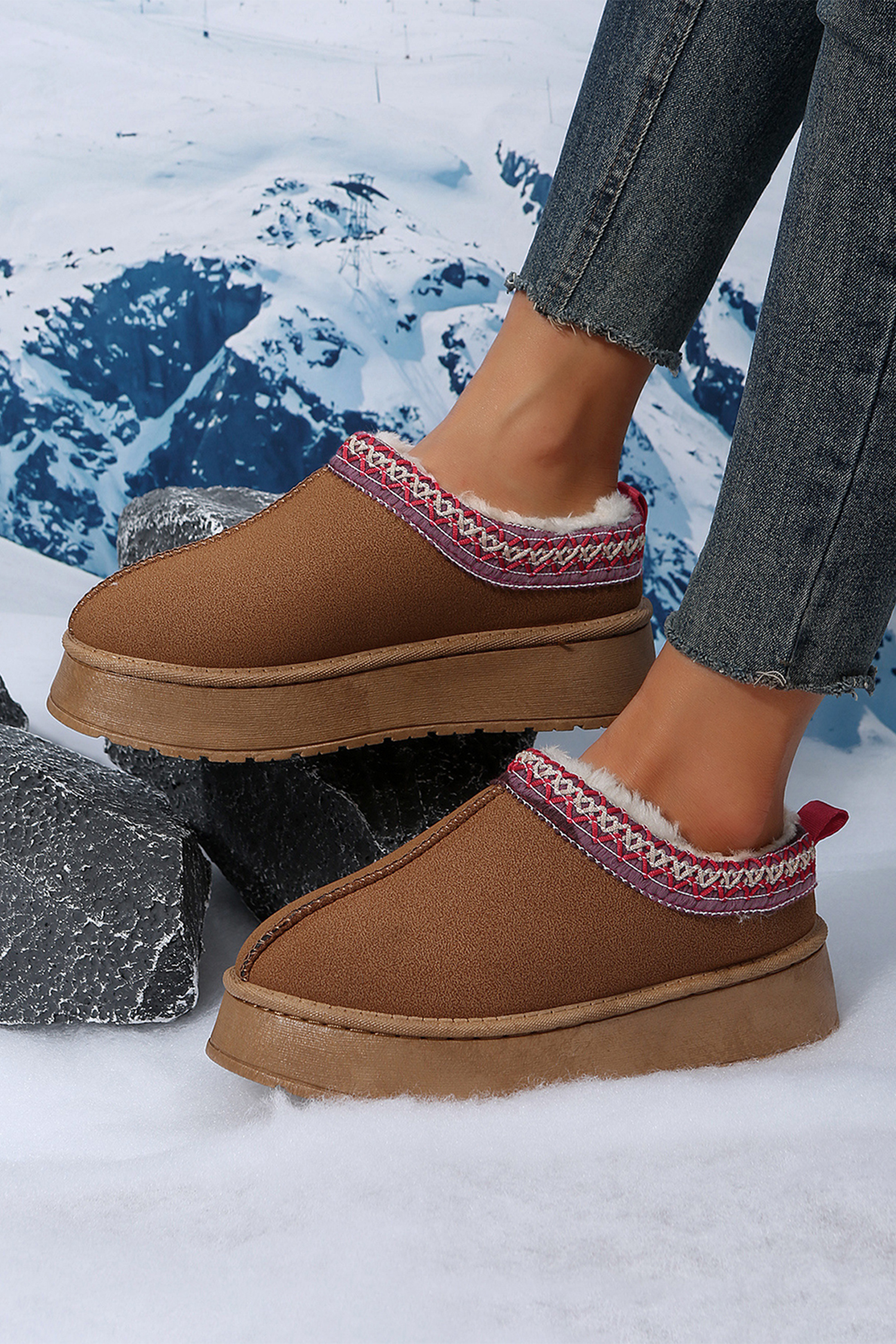 Chestnut Contrast Print Suede Plush Lined Snow Boots - loveforevers