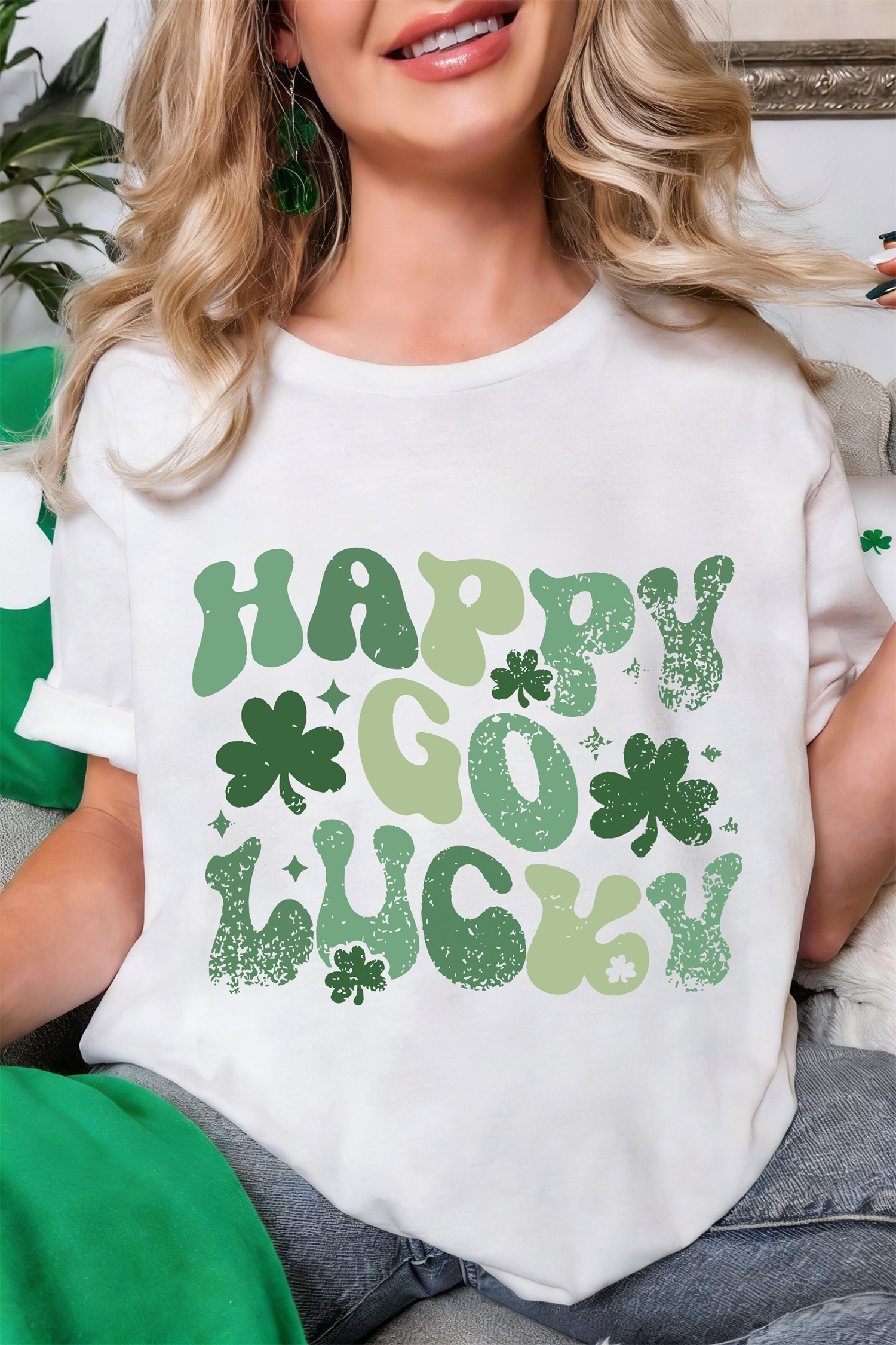 White HAPPY GO LUCKY St Patricks Day Graphic Tee - loveforevers