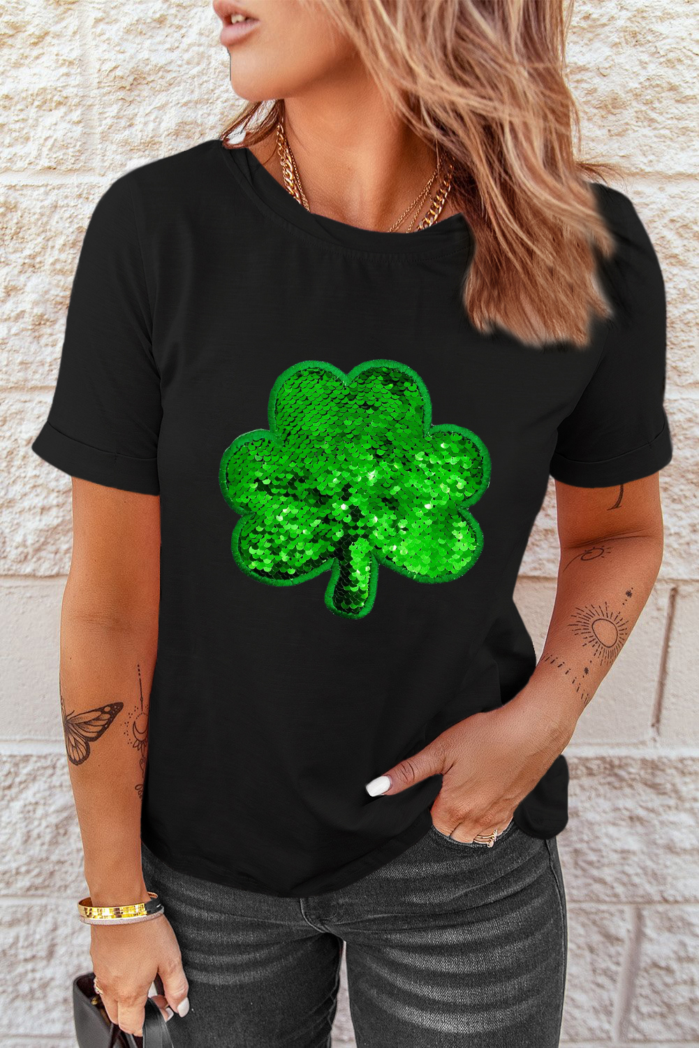 Black St. Patricks Lucky Clover Print O Neck T Shirt - loveforevers