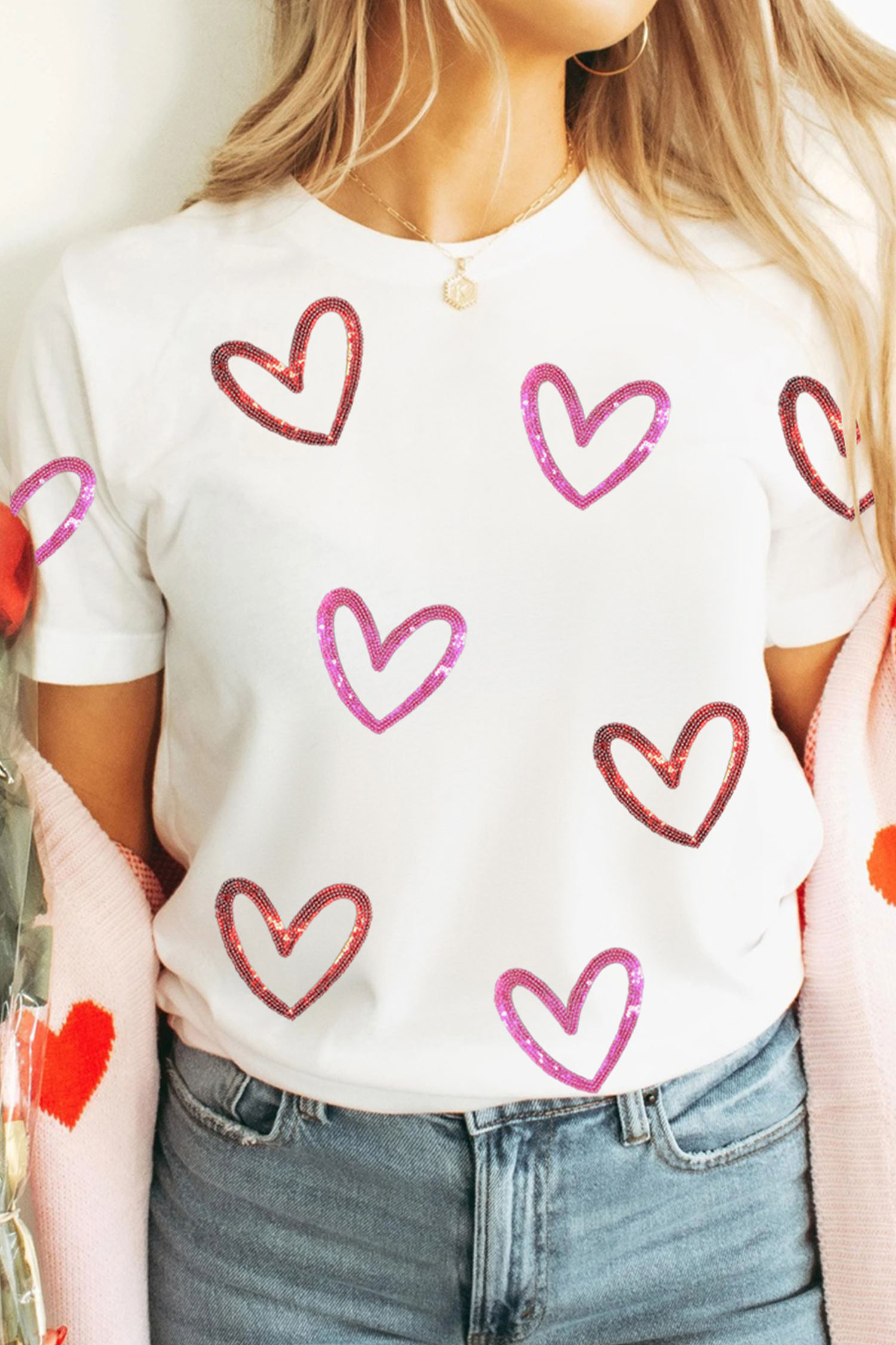 White Sequin Heart Sketch Graphic Womens Casual Tee - loveforevers