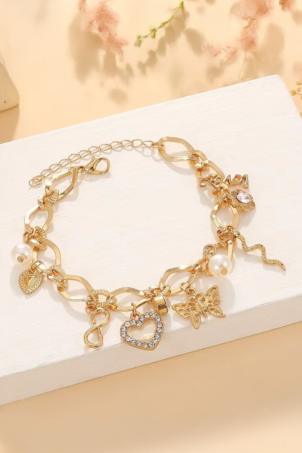 Gold Heart Butterfly Pearl Charm Plated Alloy Bracelet - loveforevers