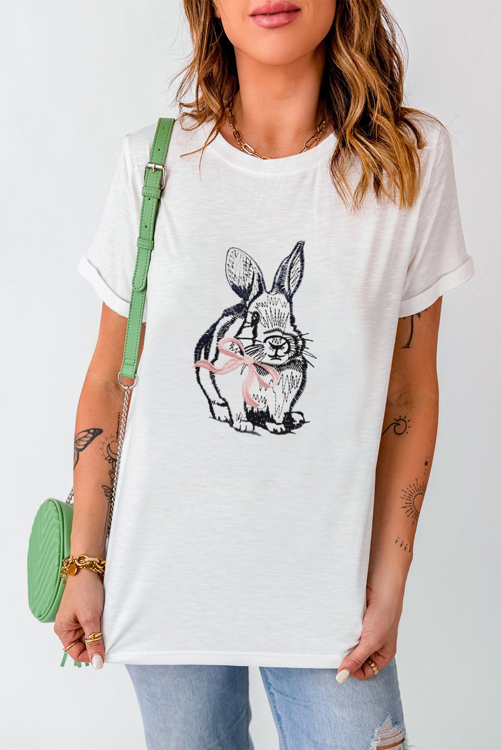 White Bunny Embroidered Bow Graphic Tee - loveforevers