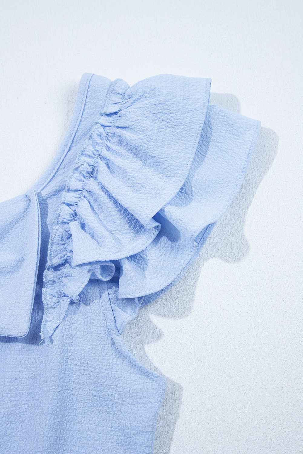 Beau Blue Textured Bow Knot Frilled Butterfly Sleeve Blouse - loveforevers