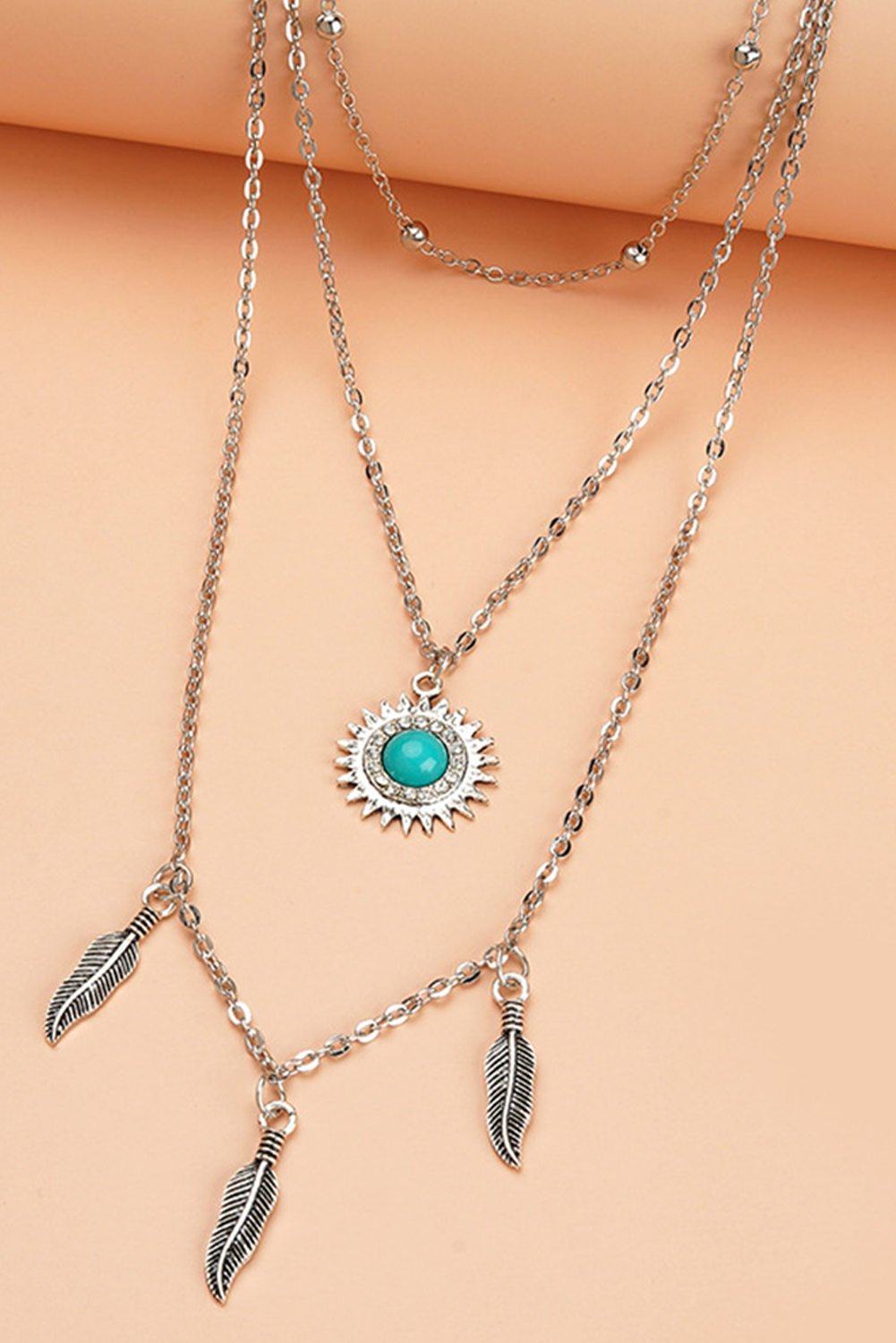 Silvery Boho Turquoise Sun Leaves Multi Layered Necklace - loveforevers