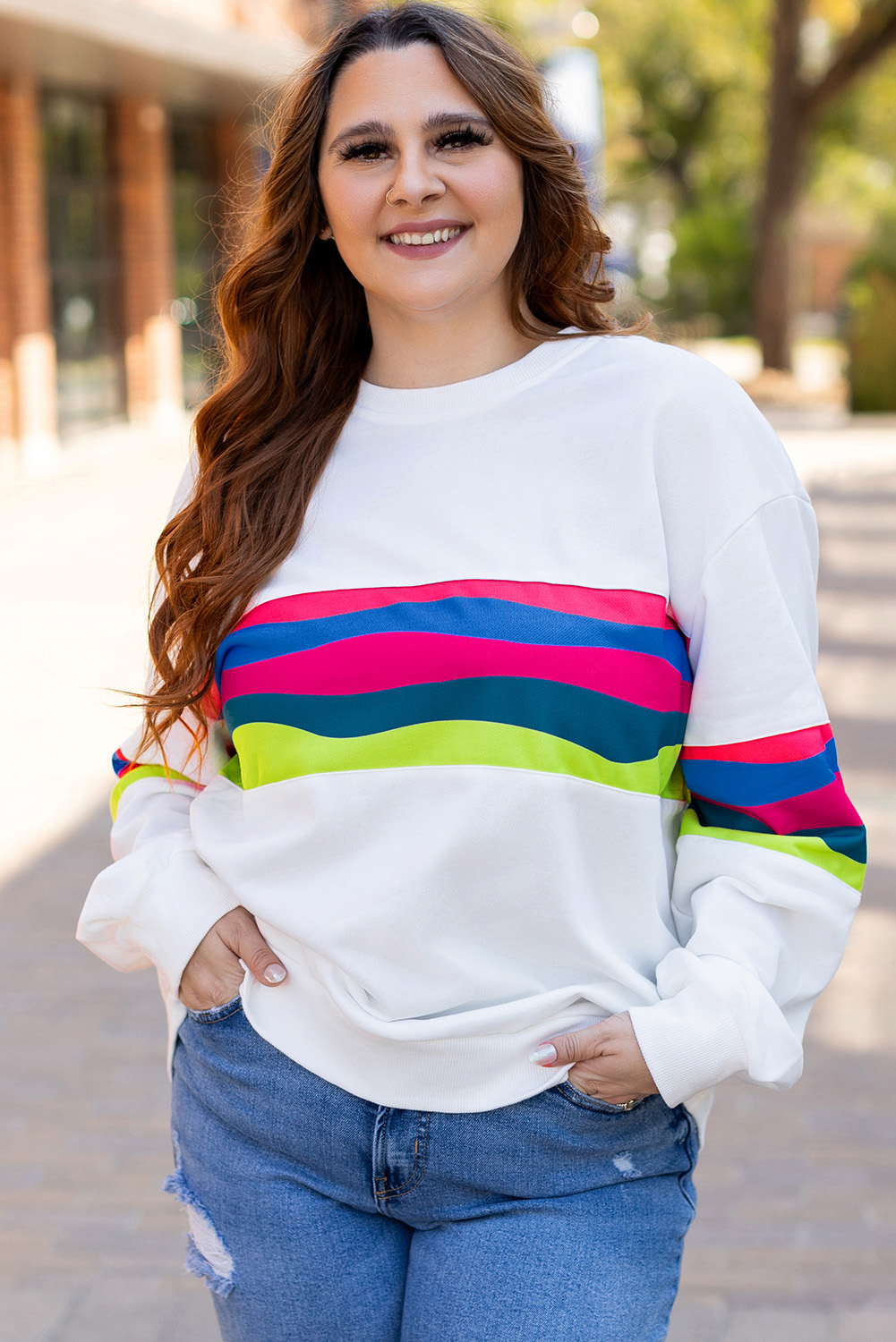 White Plus Size Colorful Striped Drop Shoulder Loose Sweatshirt - loveforevers