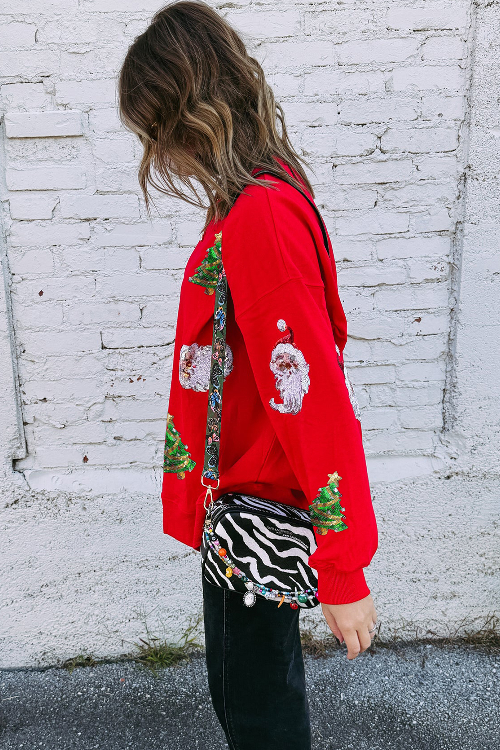 Red Santa Claus Christmas Tree Patched Pattern Drop Shoulder Sweatshirt - loveforevers