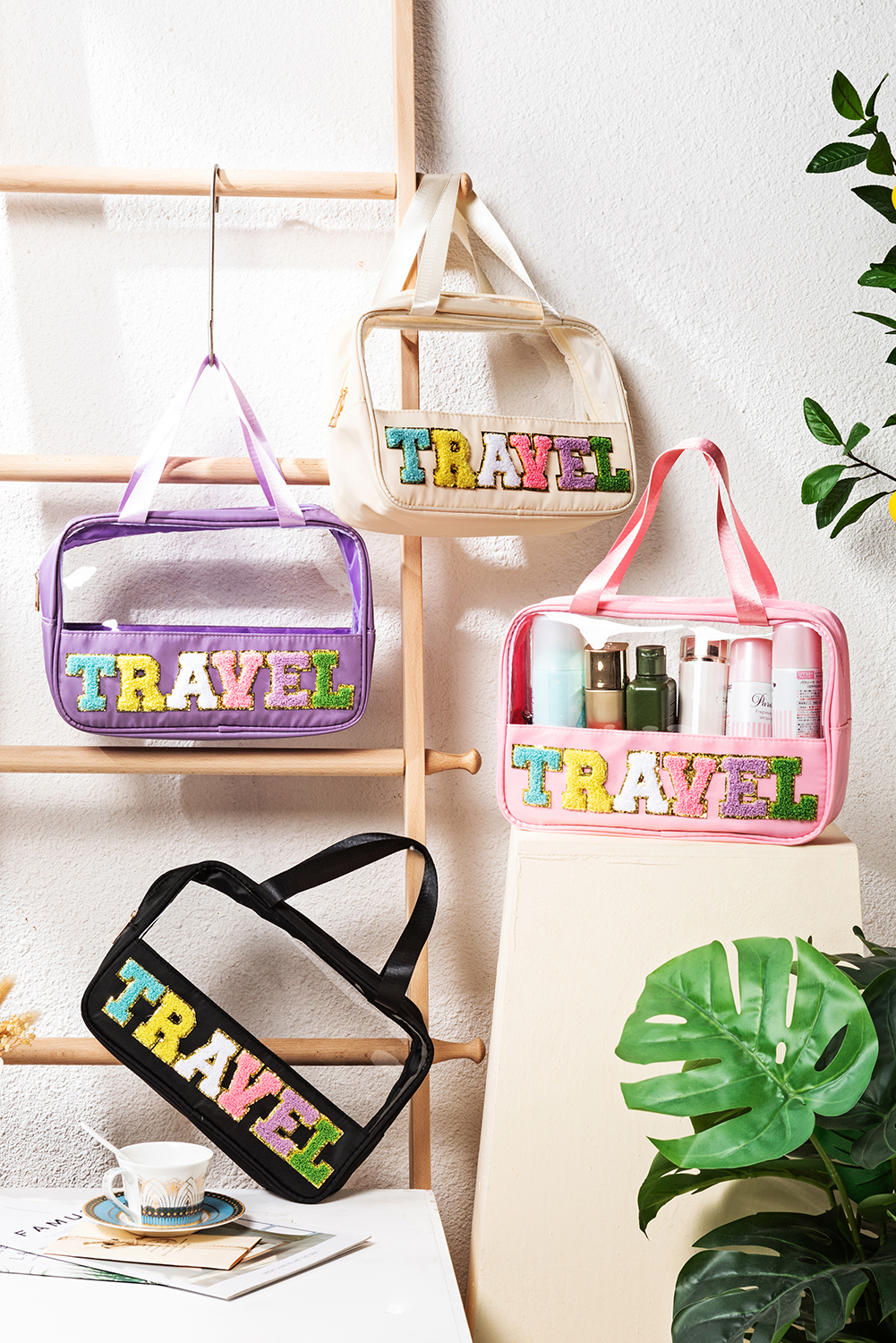 Light Pink TRAVEL Chenille Letter Clear PVC Makeup Bag - loveforevers